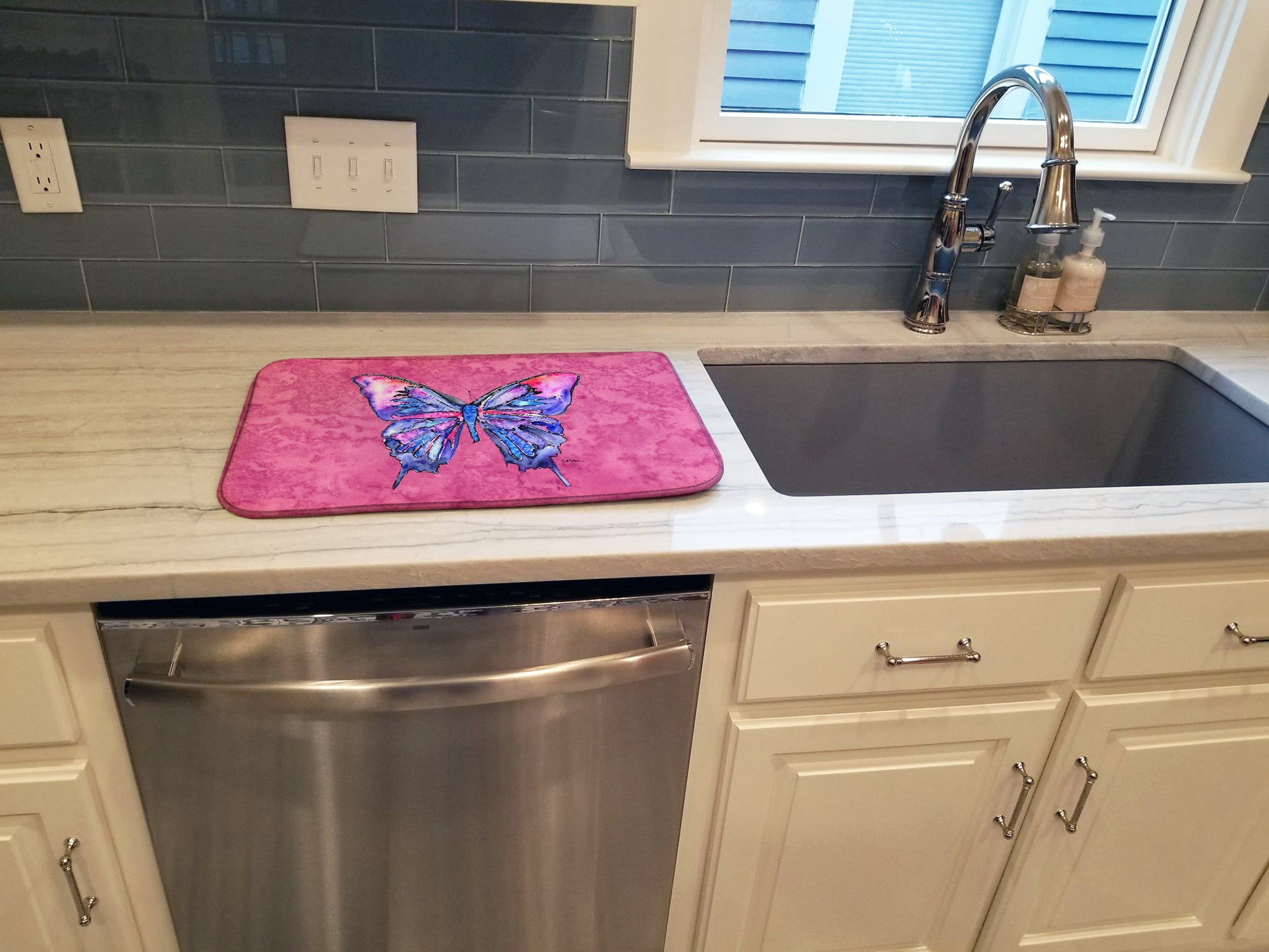 Butterfly on Pink Dish Drying Mat Absorbent Dish Drying Mat Pad for Kitchen Counter Dish Drainer Mat for Countertop, 14 x 21", Multicolor