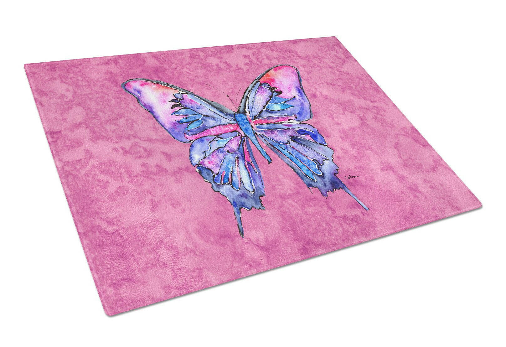 Butterfly on Pink Cutting Board Tempered Glass Kitchen Cutting Surface, Heat Resistant Chopping, Non-Slip Feet, Food Prep & Serving