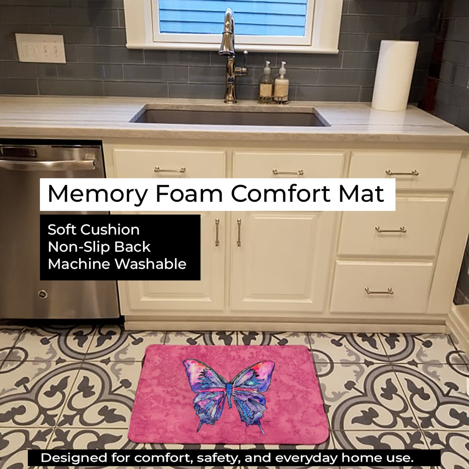 Butterfly on Pink Memory Foam Kitchen Mat Machine Washable Anti-Fatigue Cushion Comfort Bath or Kitchen Rug