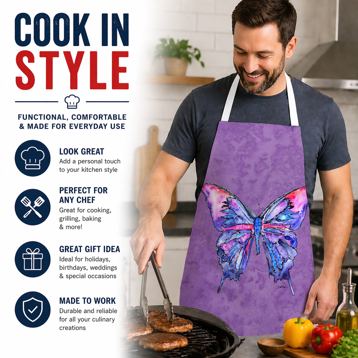 Butterfly on Purple Apron Cooking Kitchen Server Baking Crafts Gardening for Adult Women Men, Unisex, Large, Multicolor