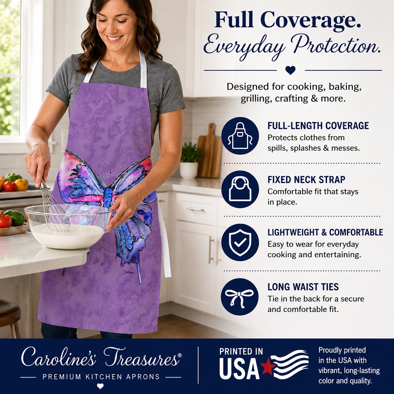 Butterfly on Purple Apron Cooking Kitchen Server Baking Crafts Gardening for Adult Women Men, Unisex, Large, Multicolor