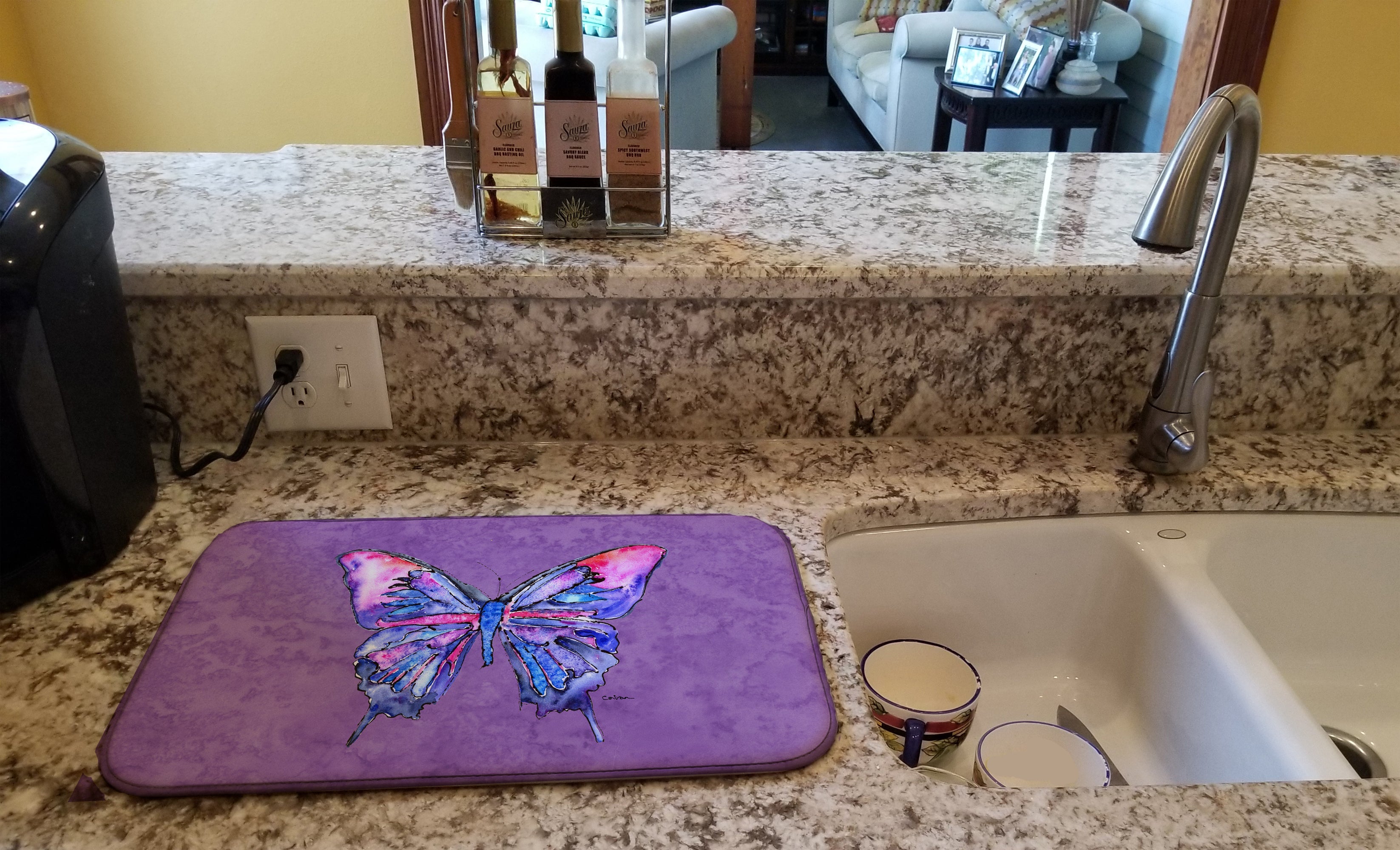 Butterfly on Purple Dish Drying Mat Absorbent Dish Drying Mat Pad for Kitchen Counter Dish Drainer Mat for Countertop, 14 x 21", Multicolor