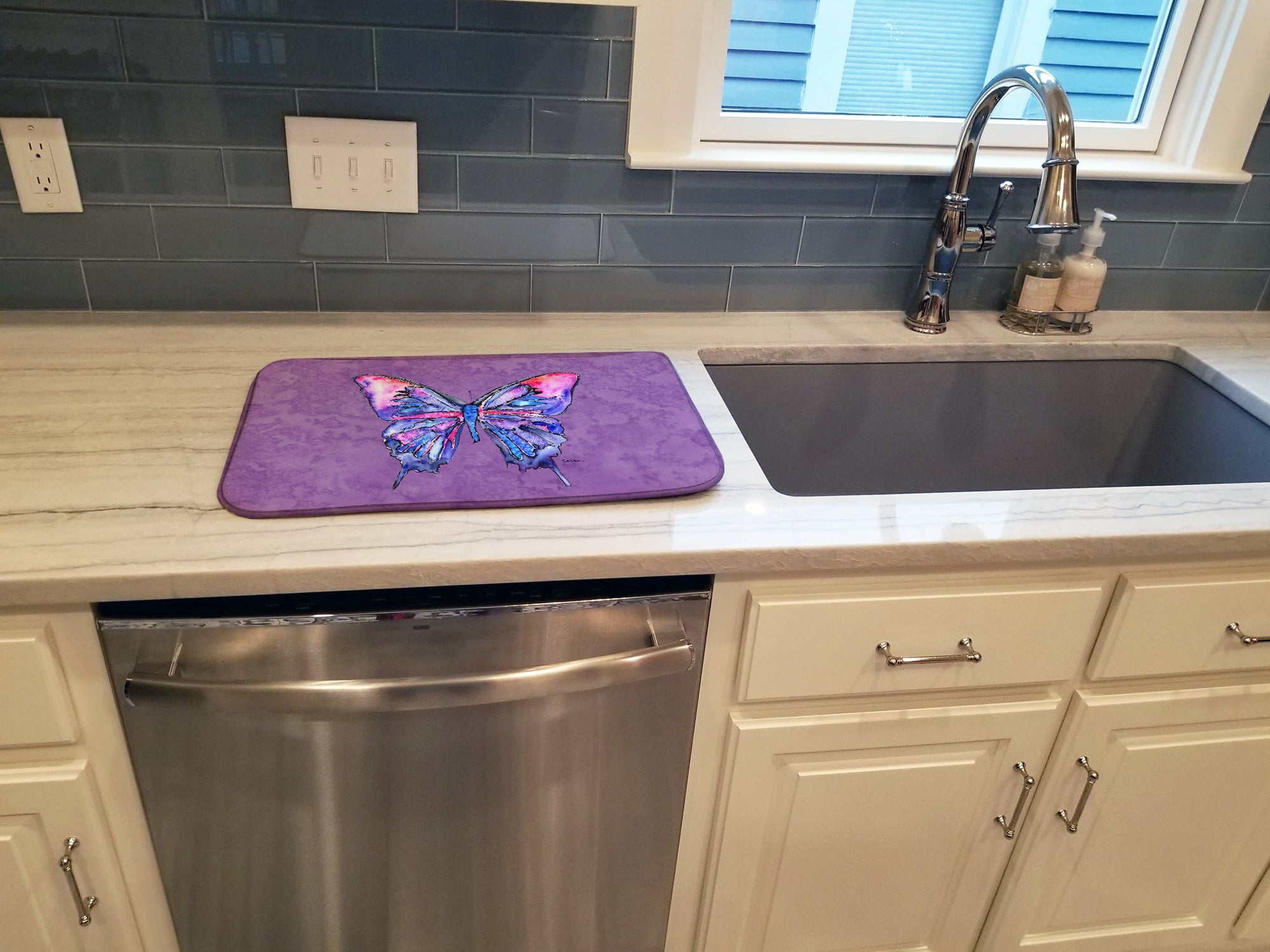 Butterfly on Purple Dish Drying Mat Absorbent Dish Drying Mat Pad for Kitchen Counter Dish Drainer Mat for Countertop, 14 x 21", Multicolor