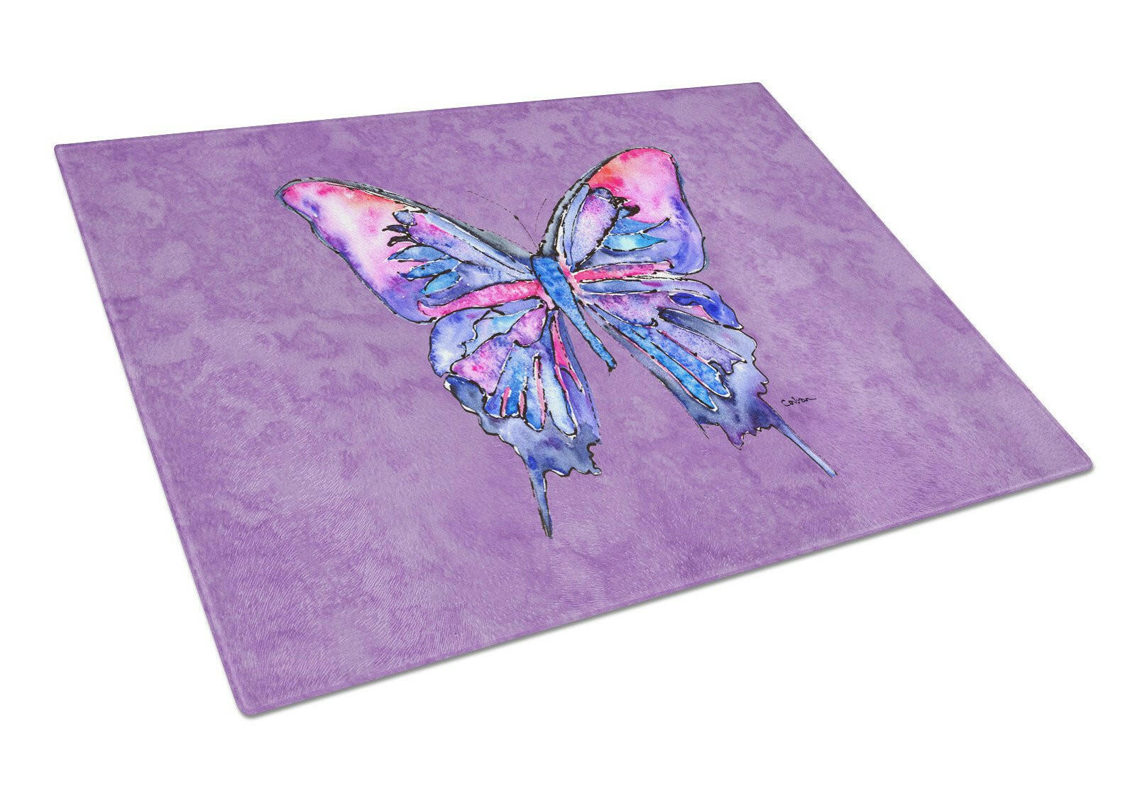 Butterfly on Purple Cutting Board Tempered Glass Kitchen Cutting Surface, Heat Resistant Chopping, Non-Slip Feet, Food Prep & Serving