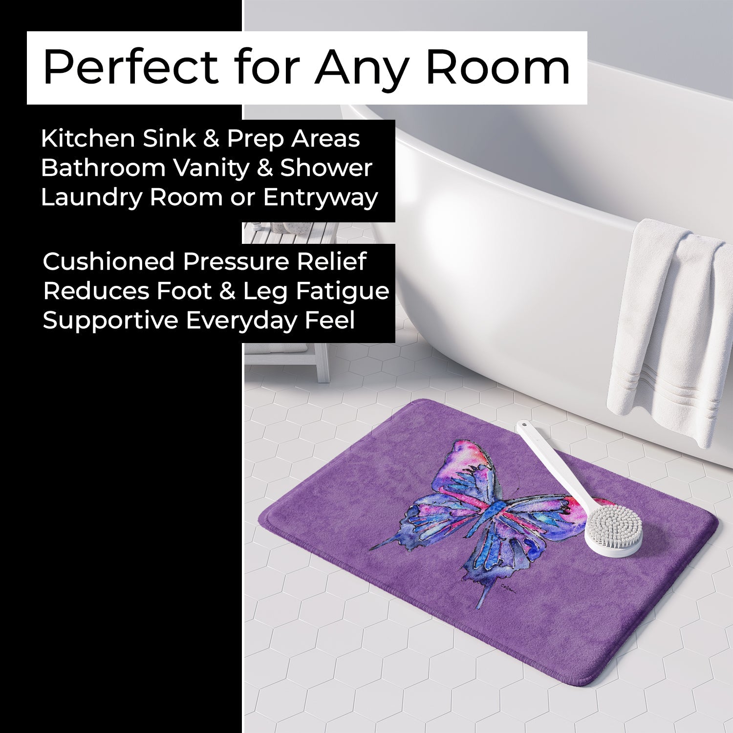 Butterfly on Purple Memory Foam Kitchen Mat Machine Washable Anti-Fatigue Cushion Comfort Bath or Kitchen Rug