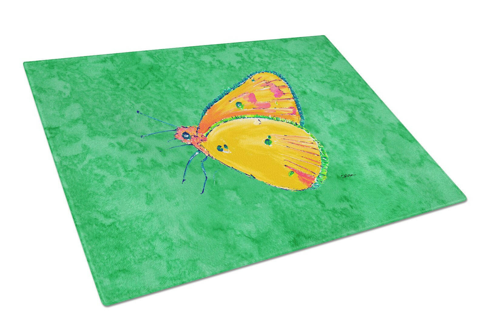 Butterfly Orange on Green Cutting Board Tempered Glass Kitchen Cutting Surface, Heat Resistant Chopping, Non-Slip Feet, Food Prep & Serving