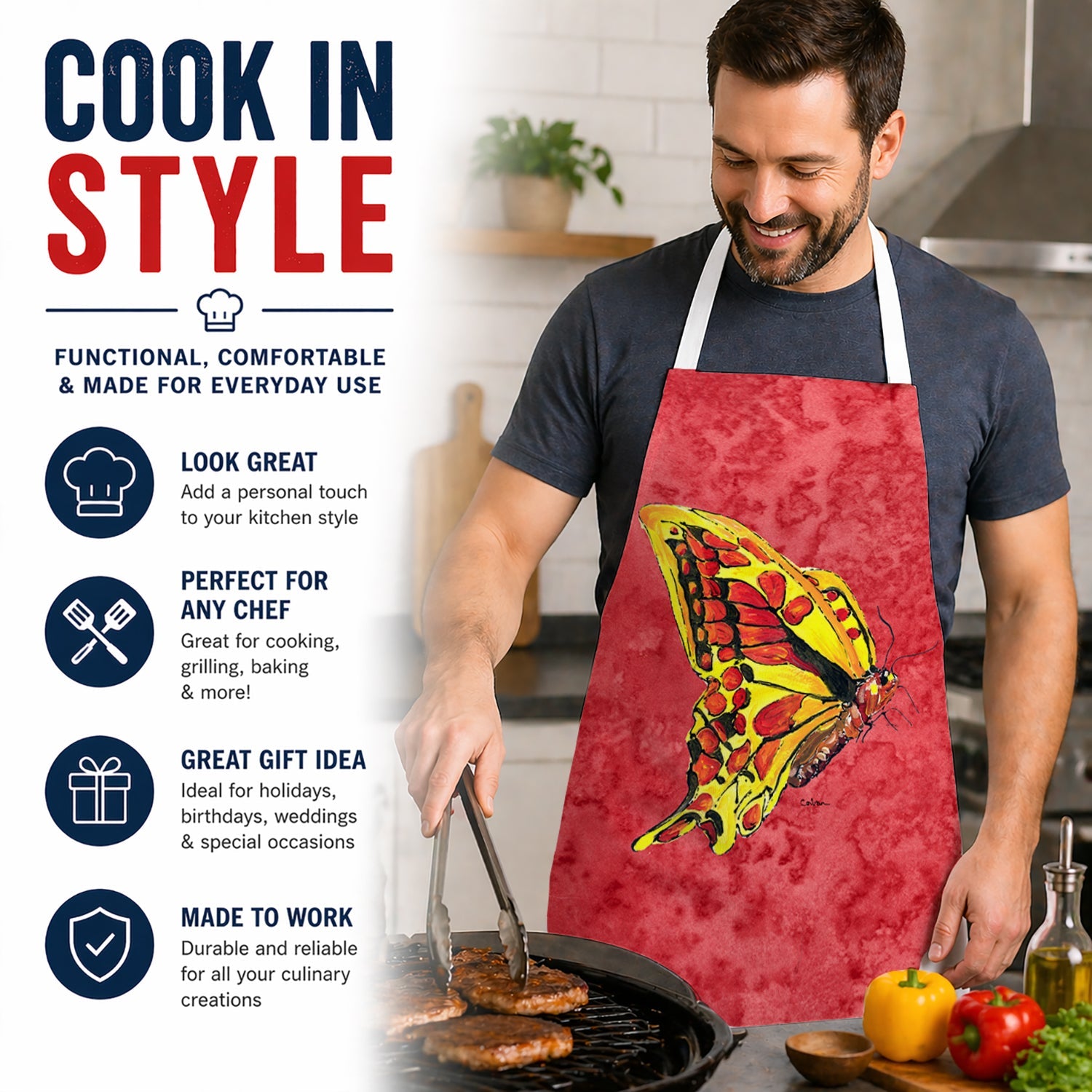 Butterfly on Red Apron Cooking Kitchen Server Baking Crafts Gardening for Adult Women Men, Unisex, Large, Multicolor