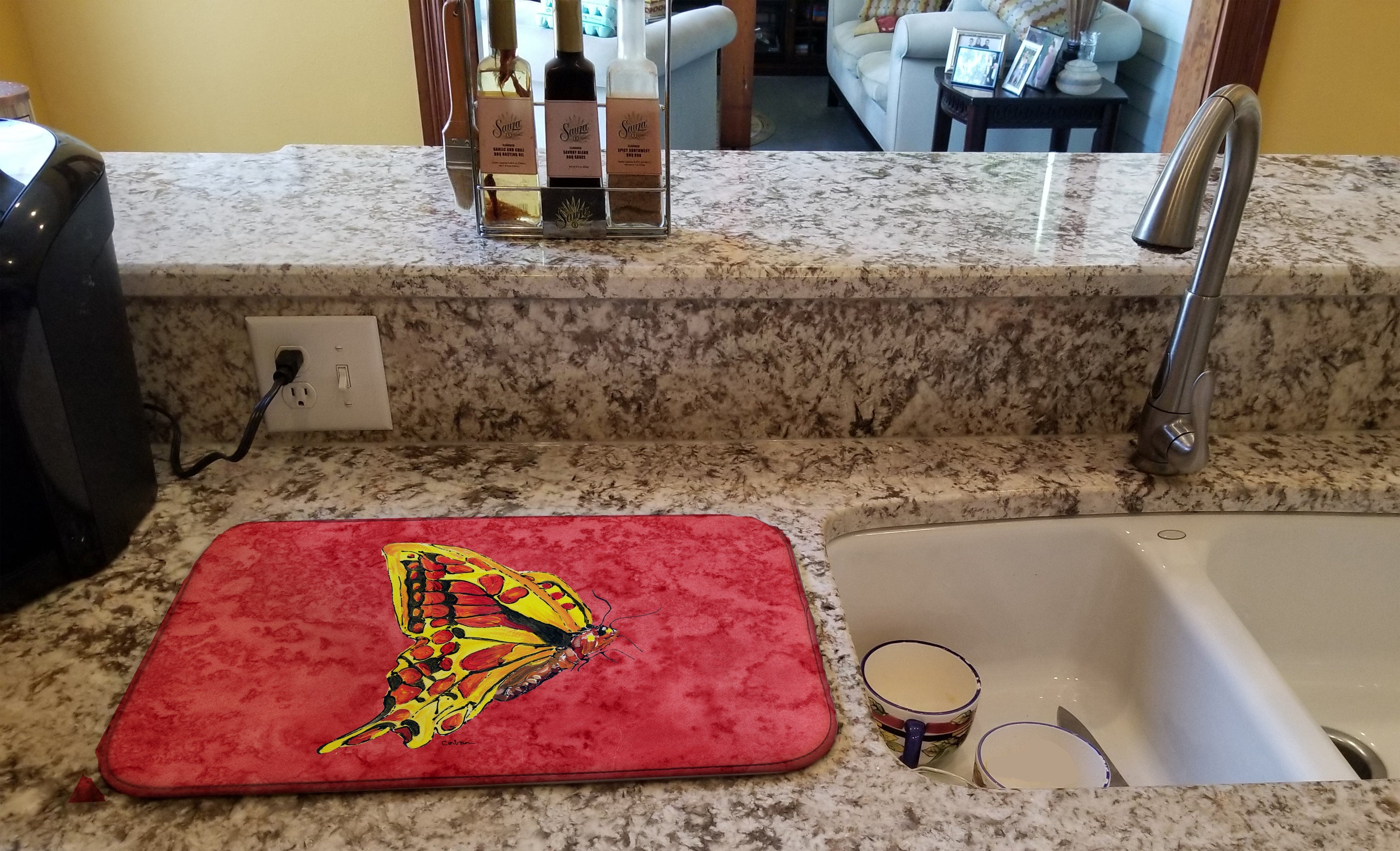 Butterfly on Red Dish Drying Mat Absorbent Dish Drying Mat Pad for Kitchen Counter Dish Drainer Mat for Countertop, 14 x 21", Multicolor