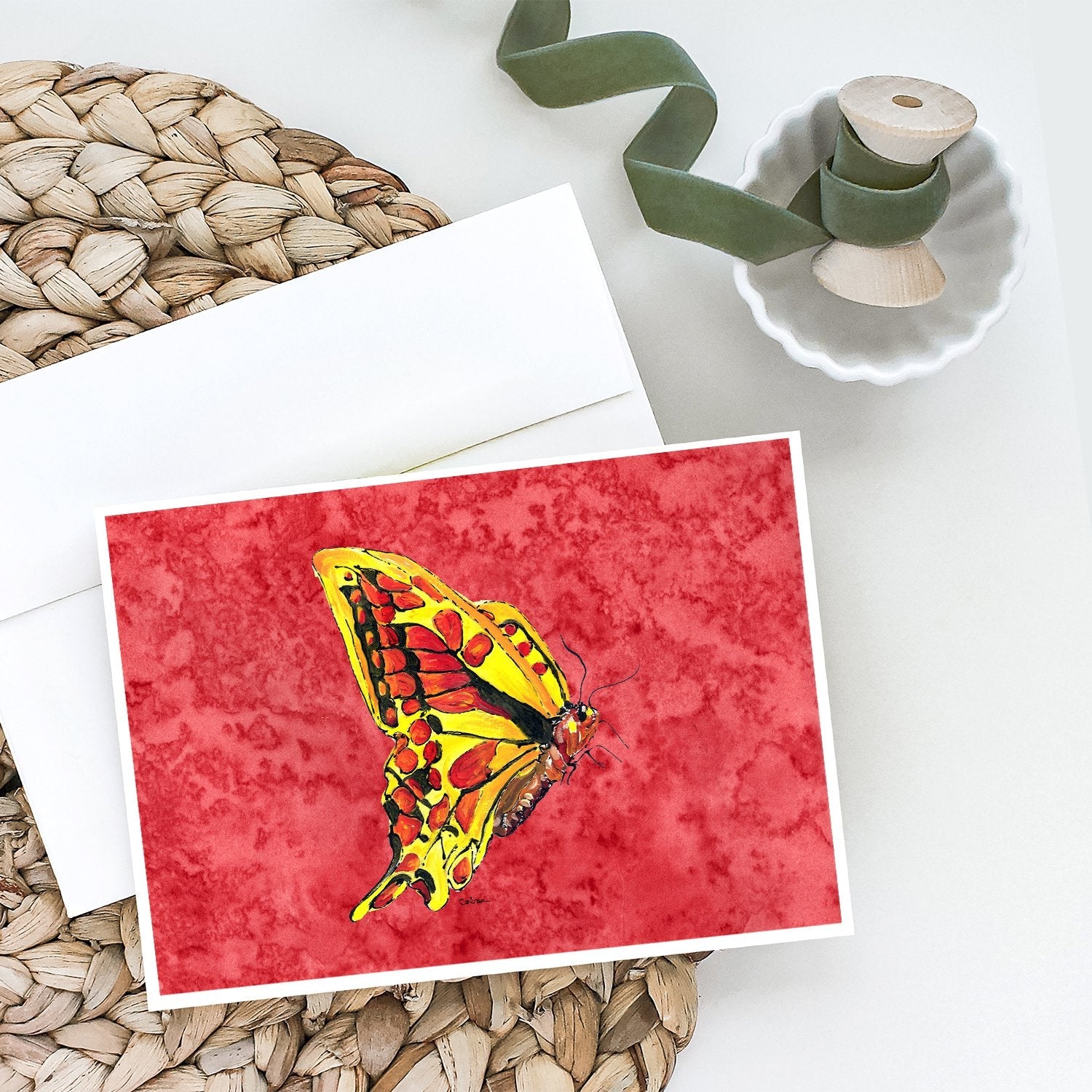 Butterfly on Red Greeting Cards Pack of 8 Blank Cards with Envelopes Whimsical A7 Size 5x7