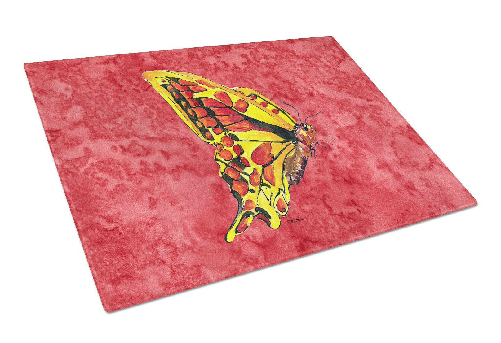 Butterfly on Red Cutting Board Tempered Glass Kitchen Cutting Surface, Heat Resistant Chopping, Non-Slip Feet, Food Prep & Serving