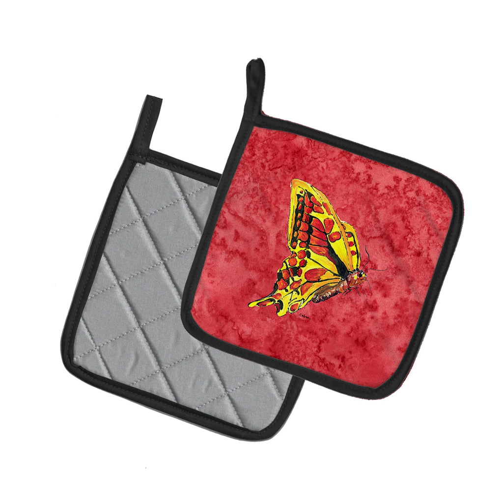 Butterfly on Red Pot Holder Set of 2 Heat Resistant Quilted Hot Pads 7.5 x 7.5 Inch, Insulated Kitchen Trivets for Cooking & Baking
