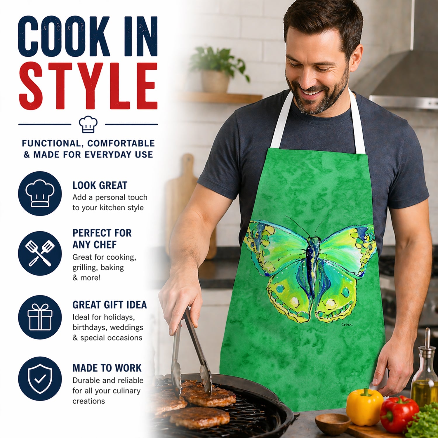 Butterfly Green on Green Apron Cooking Kitchen Server Baking Crafts Gardening for Adult Women Men, Unisex, Large, Multicolor