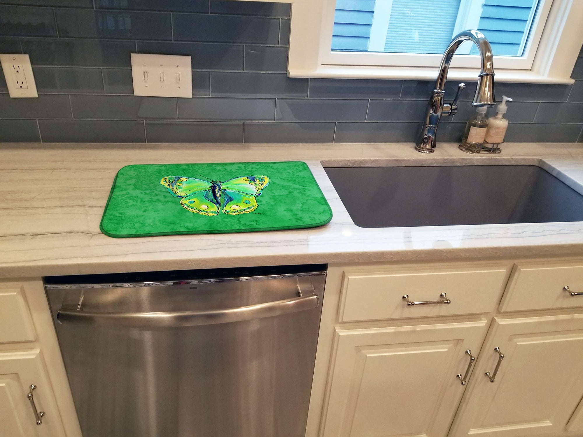 Butterfly Green on Green Dish Drying Mat Absorbent Dish Drying Mat Pad for Kitchen Counter Dish Drainer Mat for Countertop, 14 x 21", Multicolor