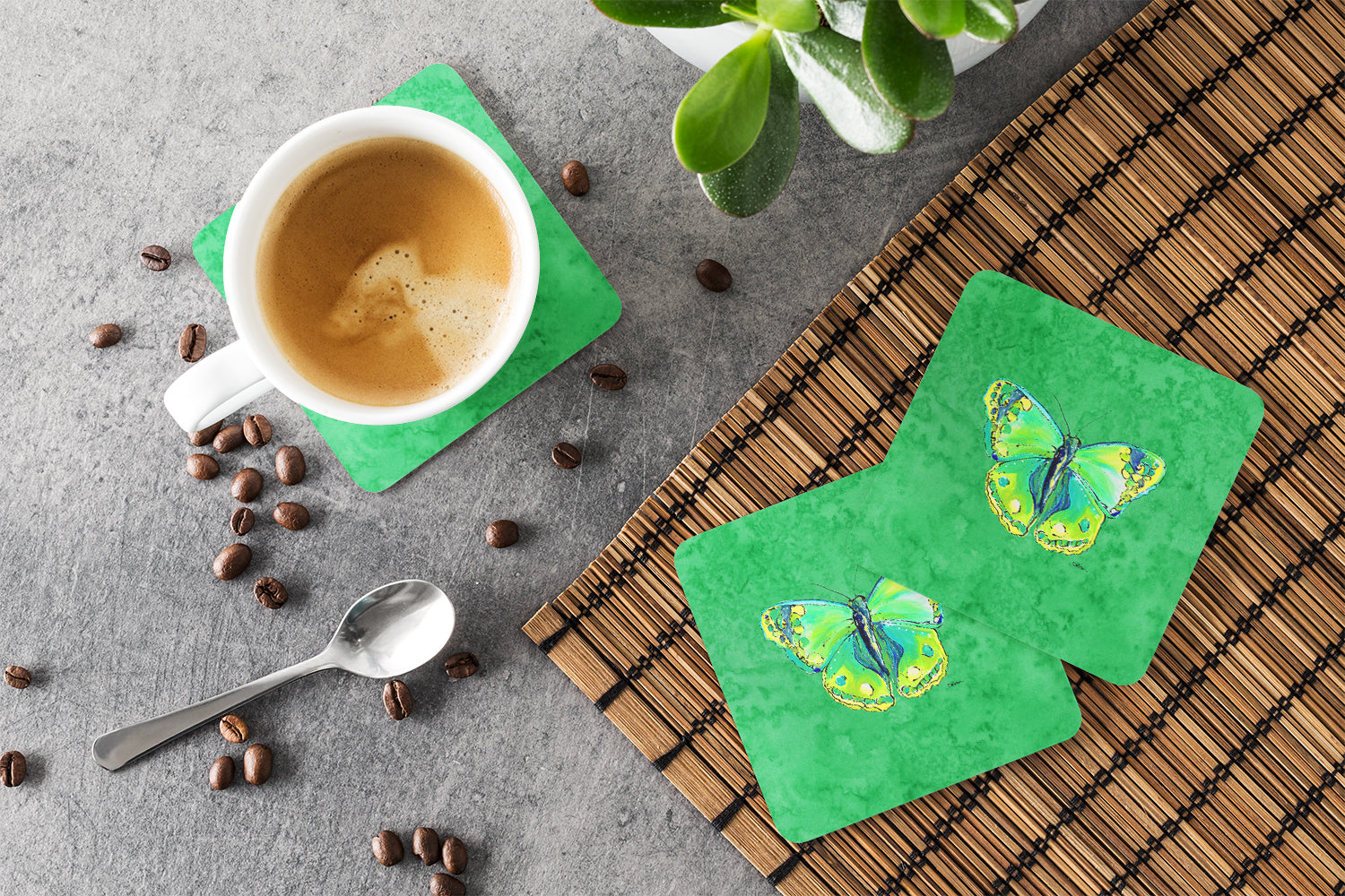 Butterfly Green on Green Foam Coasters Set of 4 Cup Coasters for Indoor Outdoor, Tabletop Protection, Anti Slip, Mouse pad Material