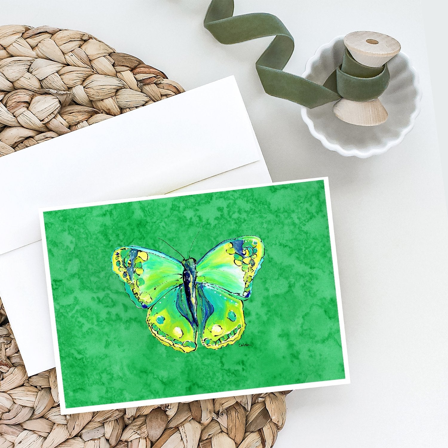 Butterfly Green on Green Greeting Cards Pack of 8 Blank Cards with Envelopes Whimsical A7 Size 5x7