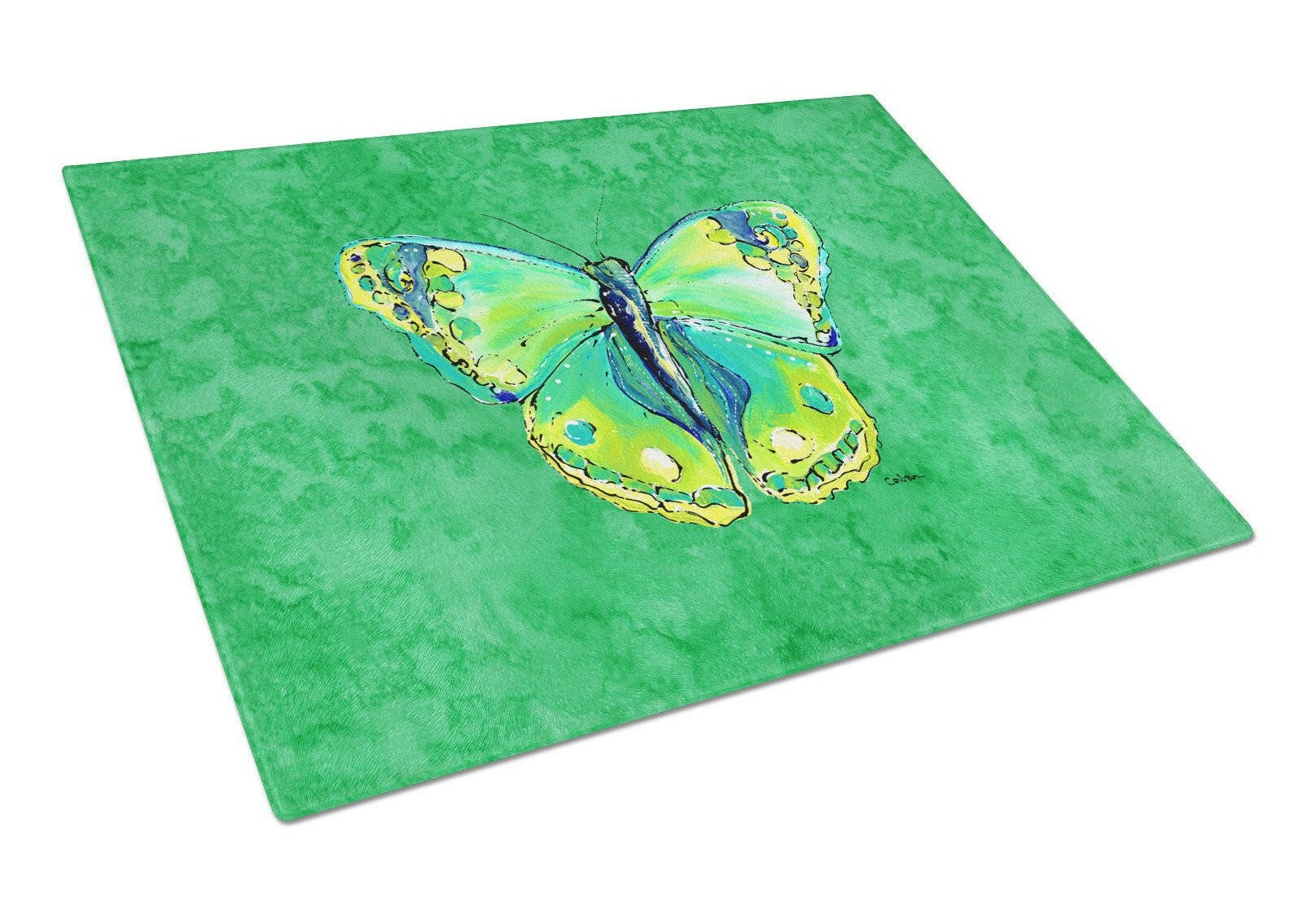 Butterfly Green on Green Cutting Board Tempered Glass Kitchen Cutting Surface, Heat Resistant Chopping, Non-Slip Feet, Food Prep & Serving
