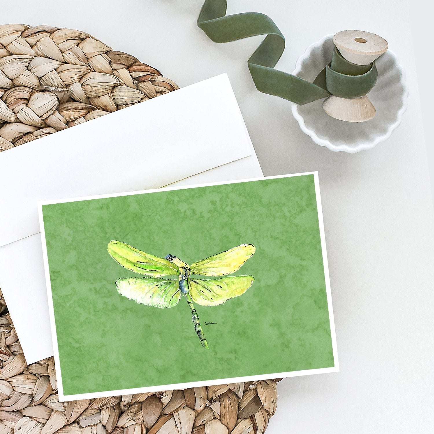 Dragonfly on Avacado Greeting Cards Pack of 8 Blank Cards with Envelopes Whimsical A7 Size 5x7