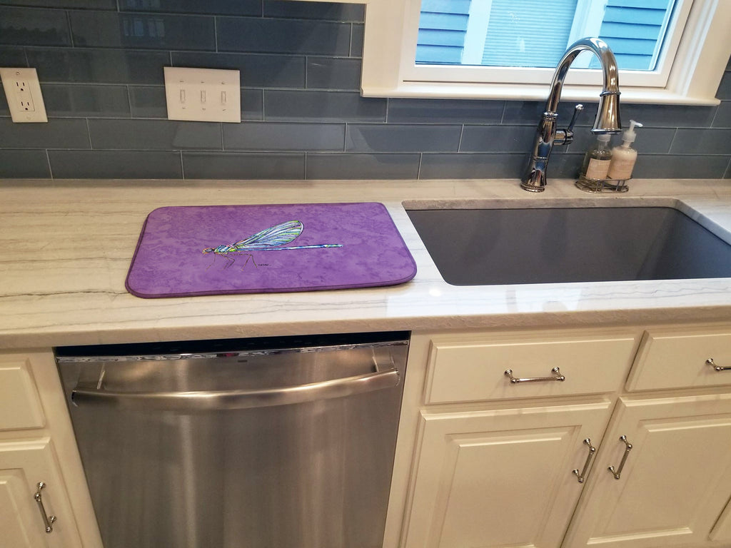 Dragonfly on Purple Dish Drying Mat Absorbent Dish Drying Mat Pad for Kitchen Counter Dish Drainer Mat for Countertop, 14 x 21", Multicolor