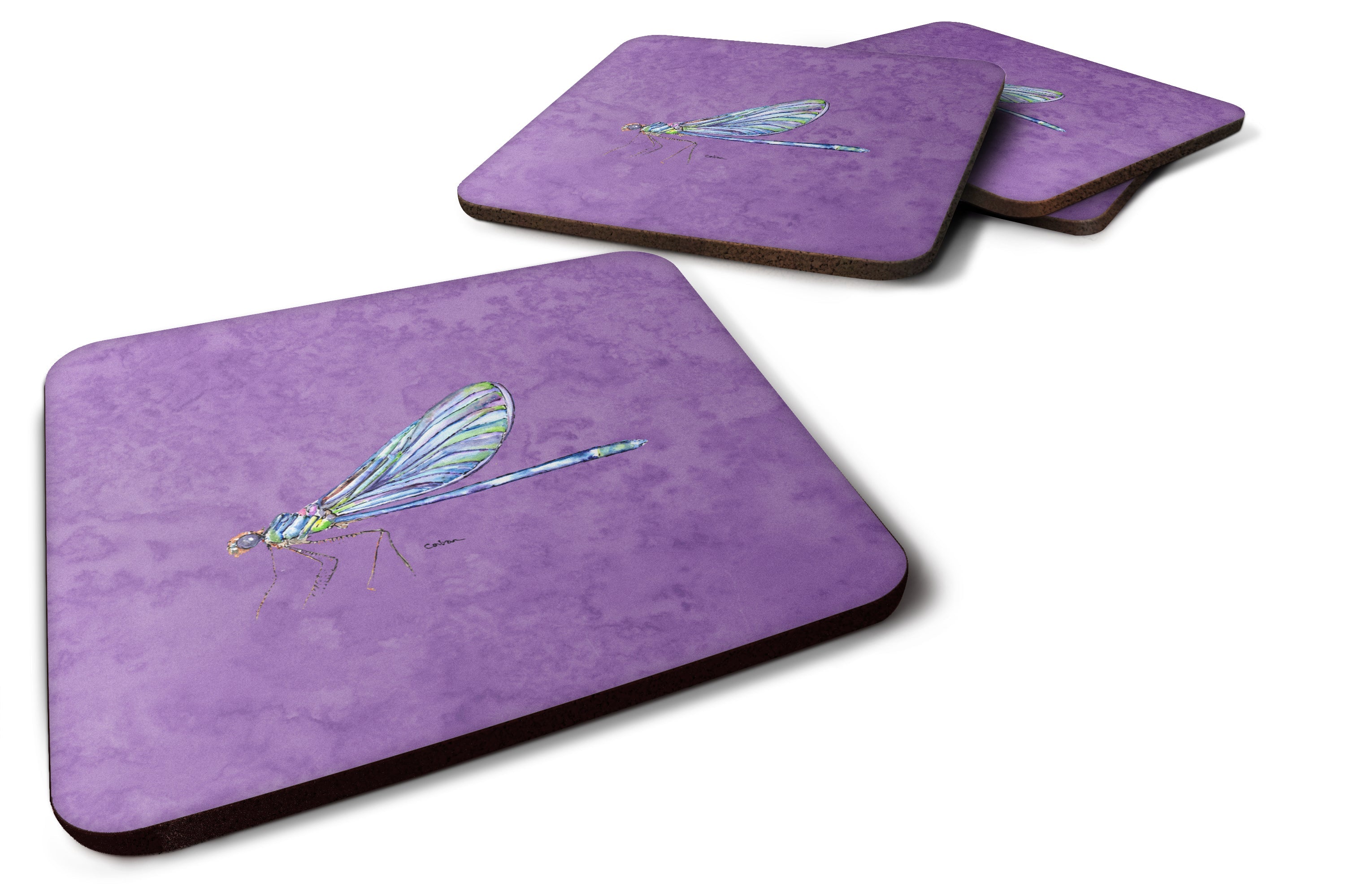 Dragonfly on Purple Foam Coasters Set of 4 Cup Coasters for Indoor Outdoor, Tabletop Protection, Anti Slip, Mouse pad Material