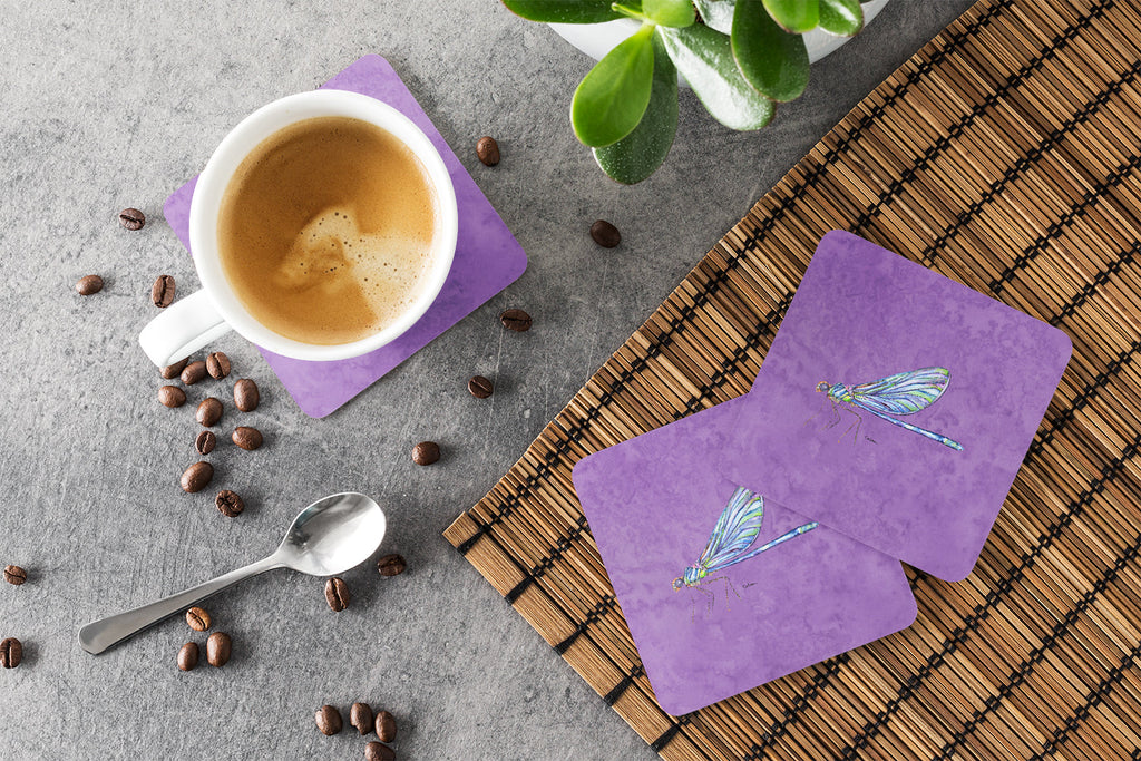 Dragonfly on Purple Foam Coasters Set of 4 Cup Coasters for Indoor Outdoor, Tabletop Protection, Anti Slip, Mouse pad Material