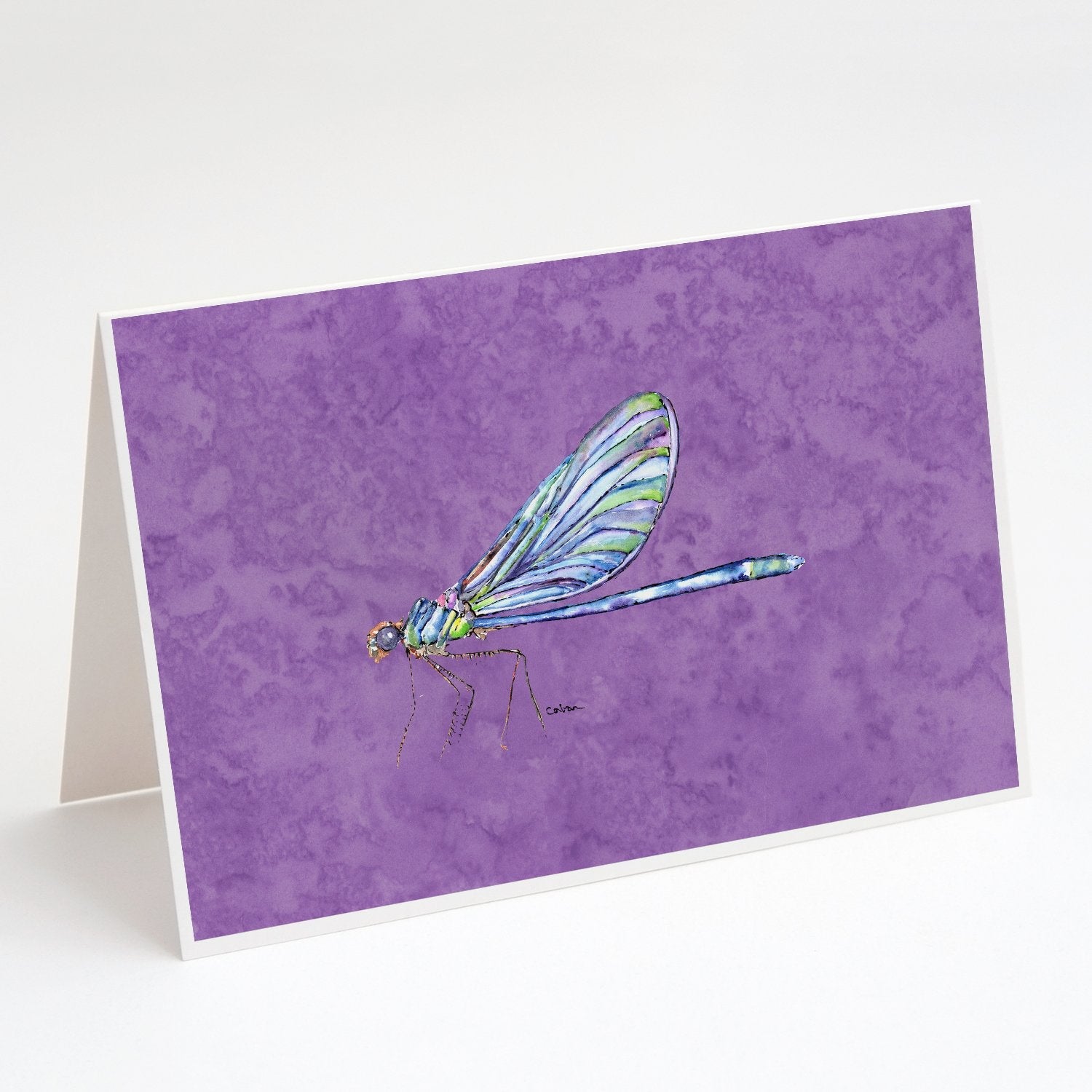 Dragonfly on Purple Greeting Cards Pack of 8 Blank Cards with Envelopes Whimsical A7 Size 5x7