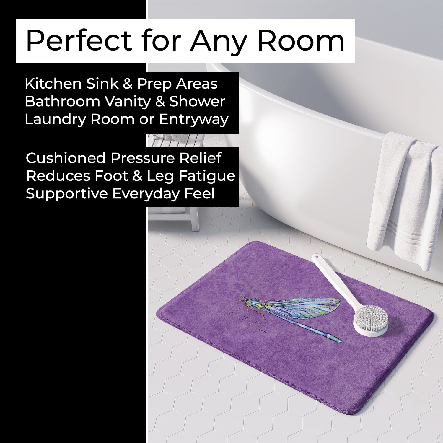 Dragonfly on Purple Memory Foam Kitchen Mat Machine Washable Anti-Fatigue Cushion Comfort Bath or Kitchen Rug