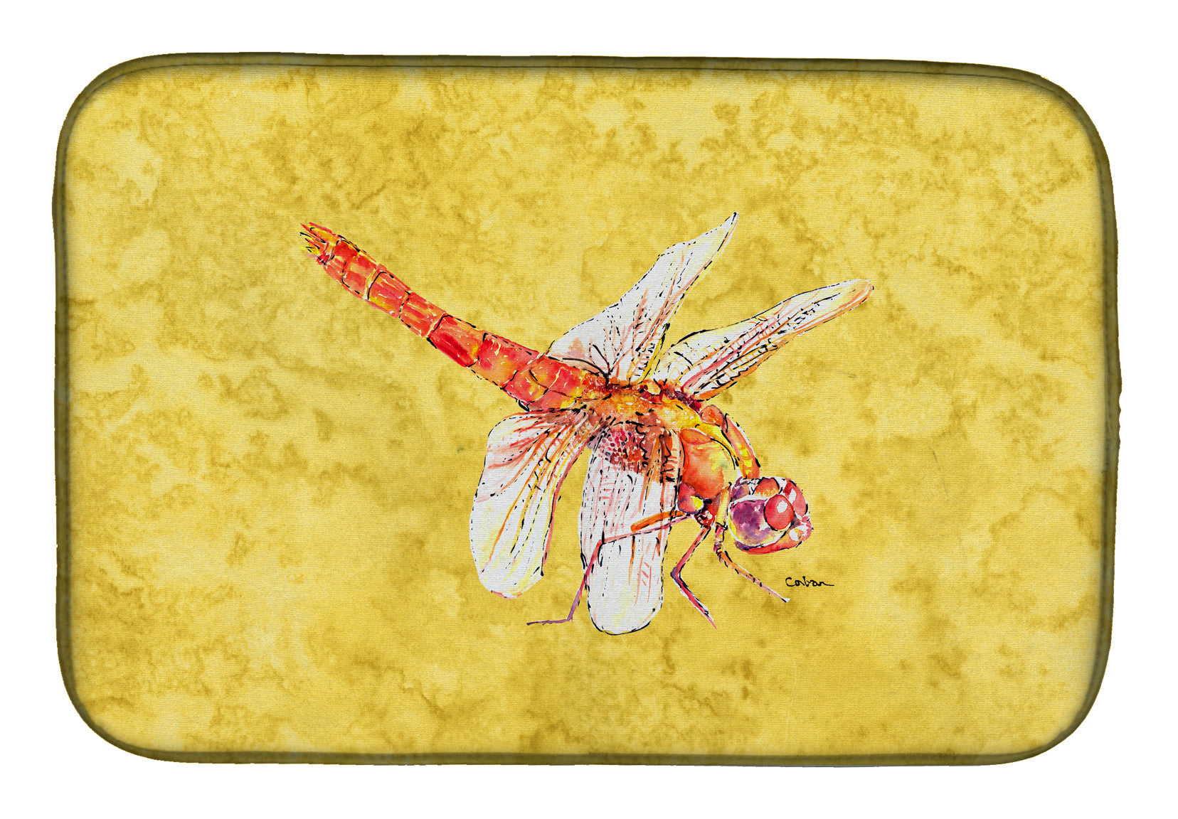 Dragonfly on Yellow Dish Drying Mat Absorbent Dish Drying Mat Pad for Kitchen Counter Dish Drainer Mat for Countertop, 14 x 21", Multicolor