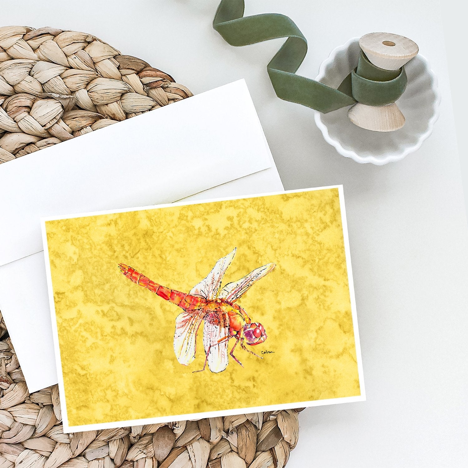 Dragonfly on Yellow Greeting Cards Pack of 8 Blank Cards with Envelopes Whimsical A7 Size 5x7