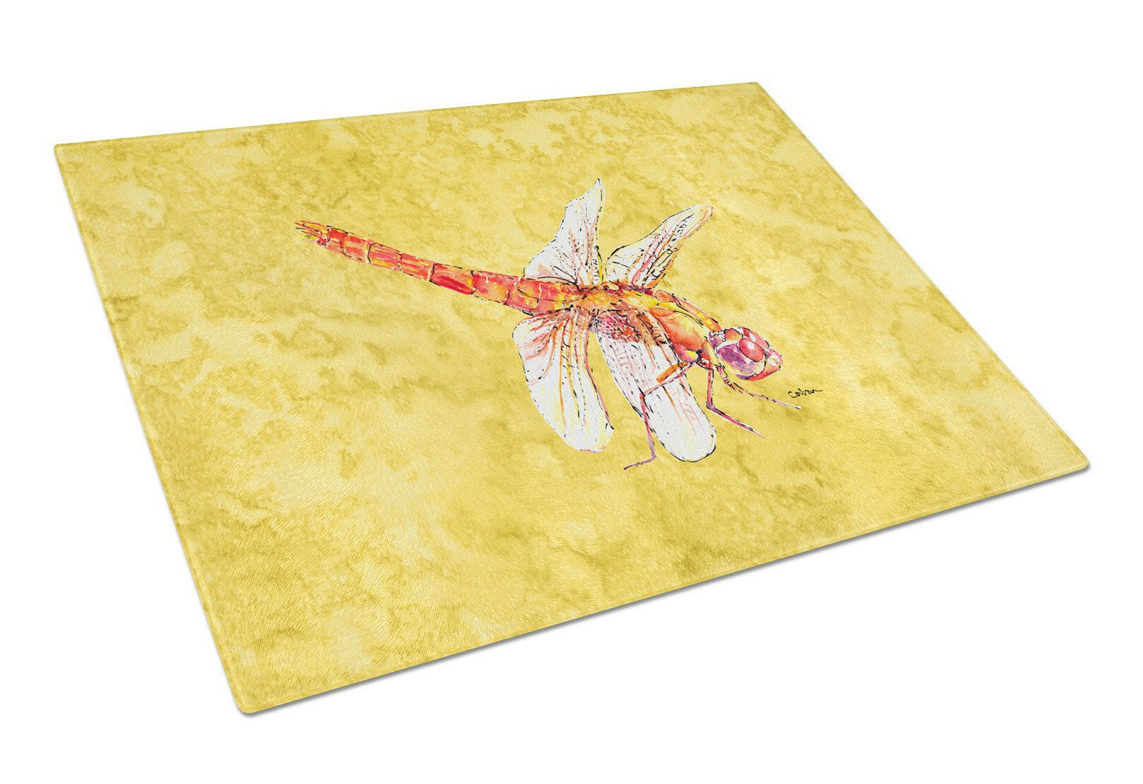 Dragonfly on Yellow Cutting Board Tempered Glass Kitchen Cutting Surface, Heat Resistant Chopping, Non-Slip Feet, Food Prep & Serving