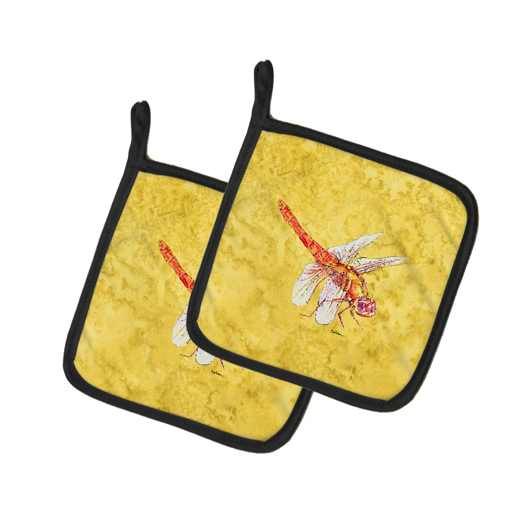 Dragonfly on Yellow Pot Holder Set of 2 Heat Resistant Quilted Hot Pads 7.5 x 7.5 Inch, Insulated Kitchen Trivets for Cooking & Baking