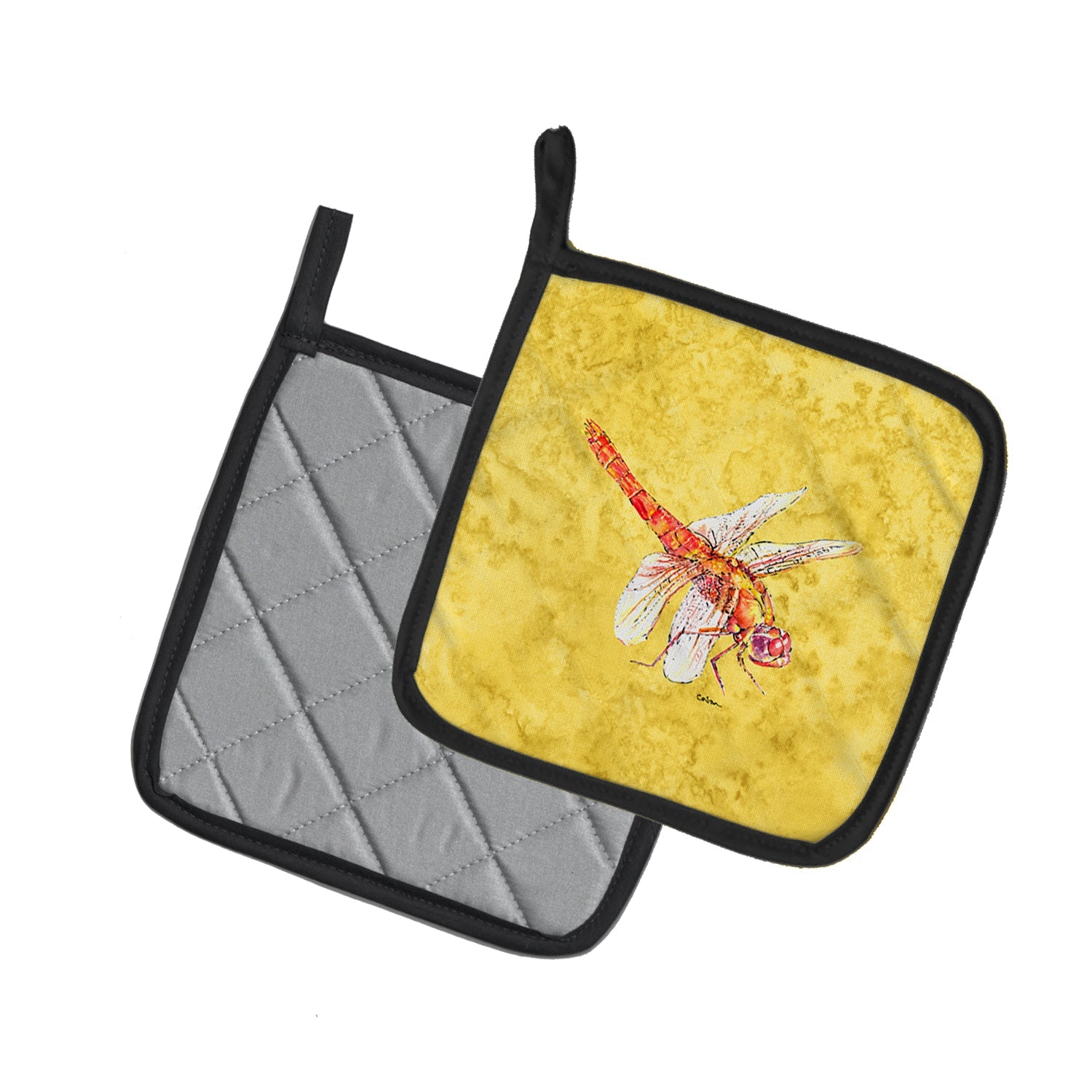 Dragonfly on Yellow Pot Holder Set of 2 Heat Resistant Quilted Hot Pads 7.5 x 7.5 Inch, Insulated Kitchen Trivets for Cooking & Baking
