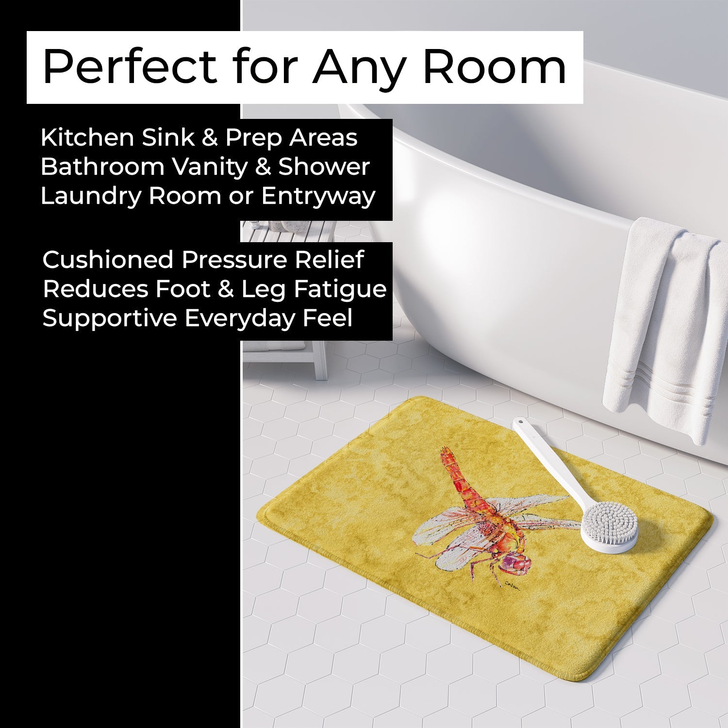 Dragonfly on Yellow Memory Foam Kitchen Mat Machine Washable Anti-Fatigue Cushion Comfort Bath or Kitchen Rug