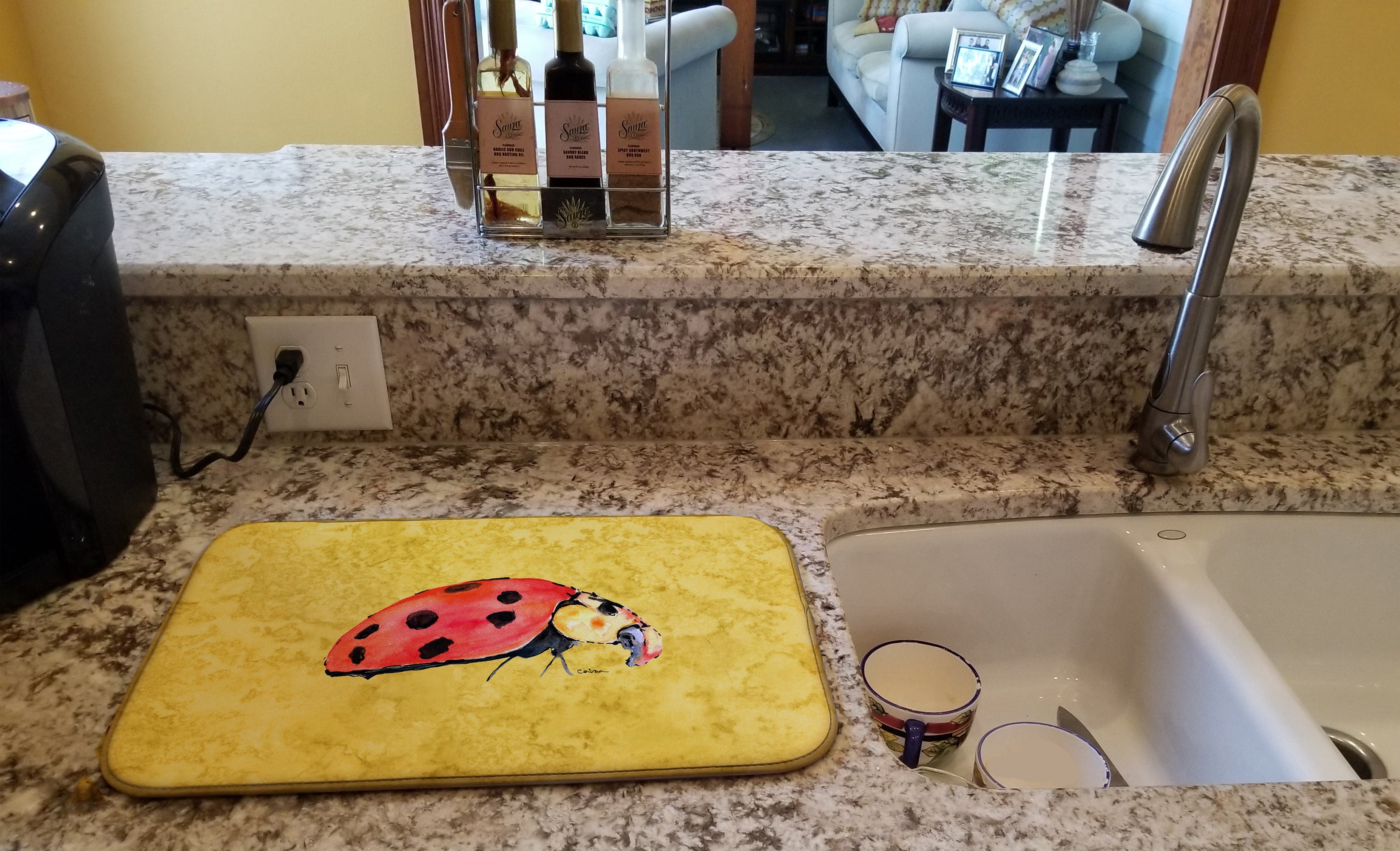 Lady Bug on Yellow Dish Drying Mat Absorbent Dish Drying Mat Pad for Kitchen Counter Dish Drainer Mat for Countertop, 14 x 21", Multicolor