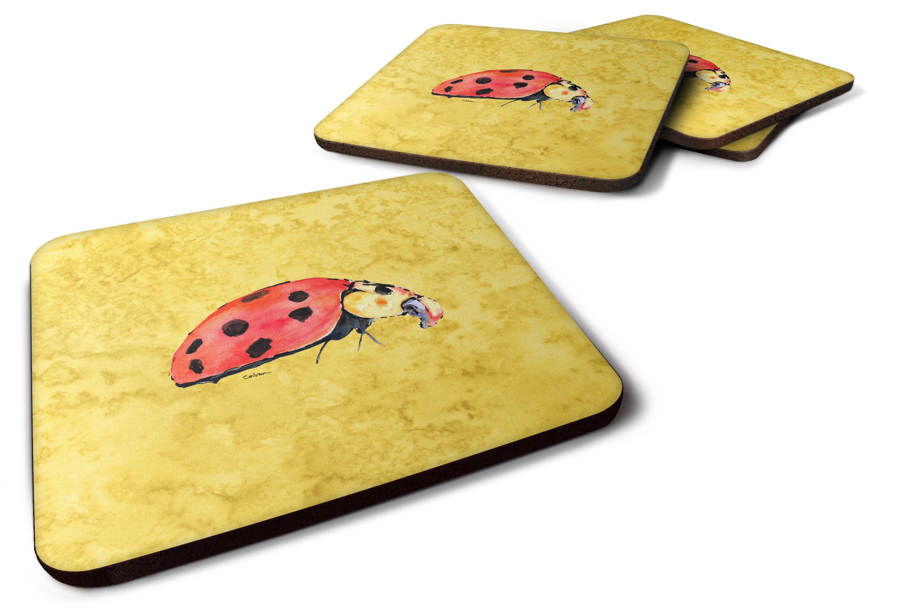 Lady Bug on Yellow Foam Coasters Set of 4 Cup Coasters for Indoor Outdoor, Tabletop Protection, Anti Slip, Mouse pad Material