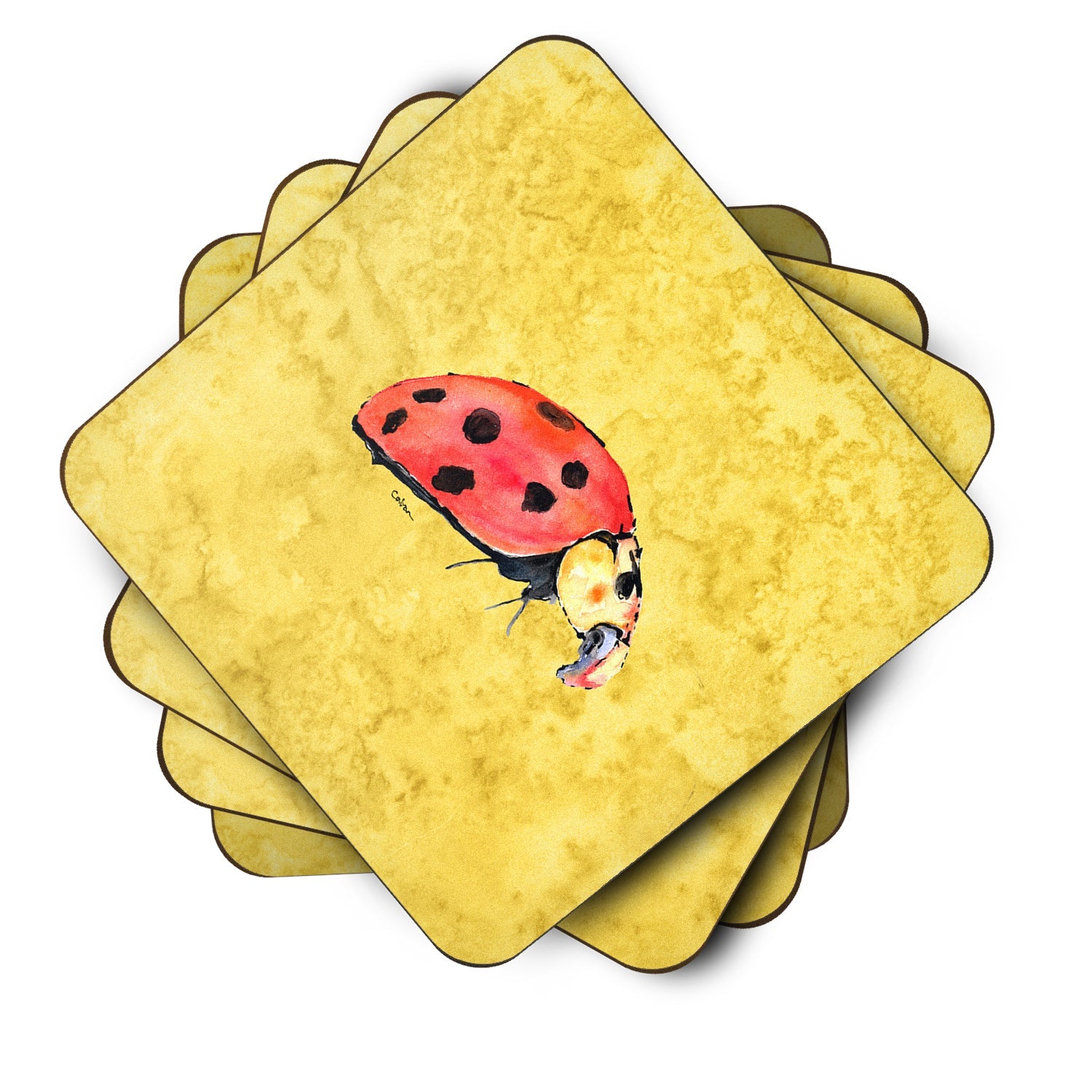 Lady Bug on Yellow Foam Coasters Set of 4 Cup Coasters for Indoor Outdoor, Tabletop Protection, Anti Slip, Mouse pad Material