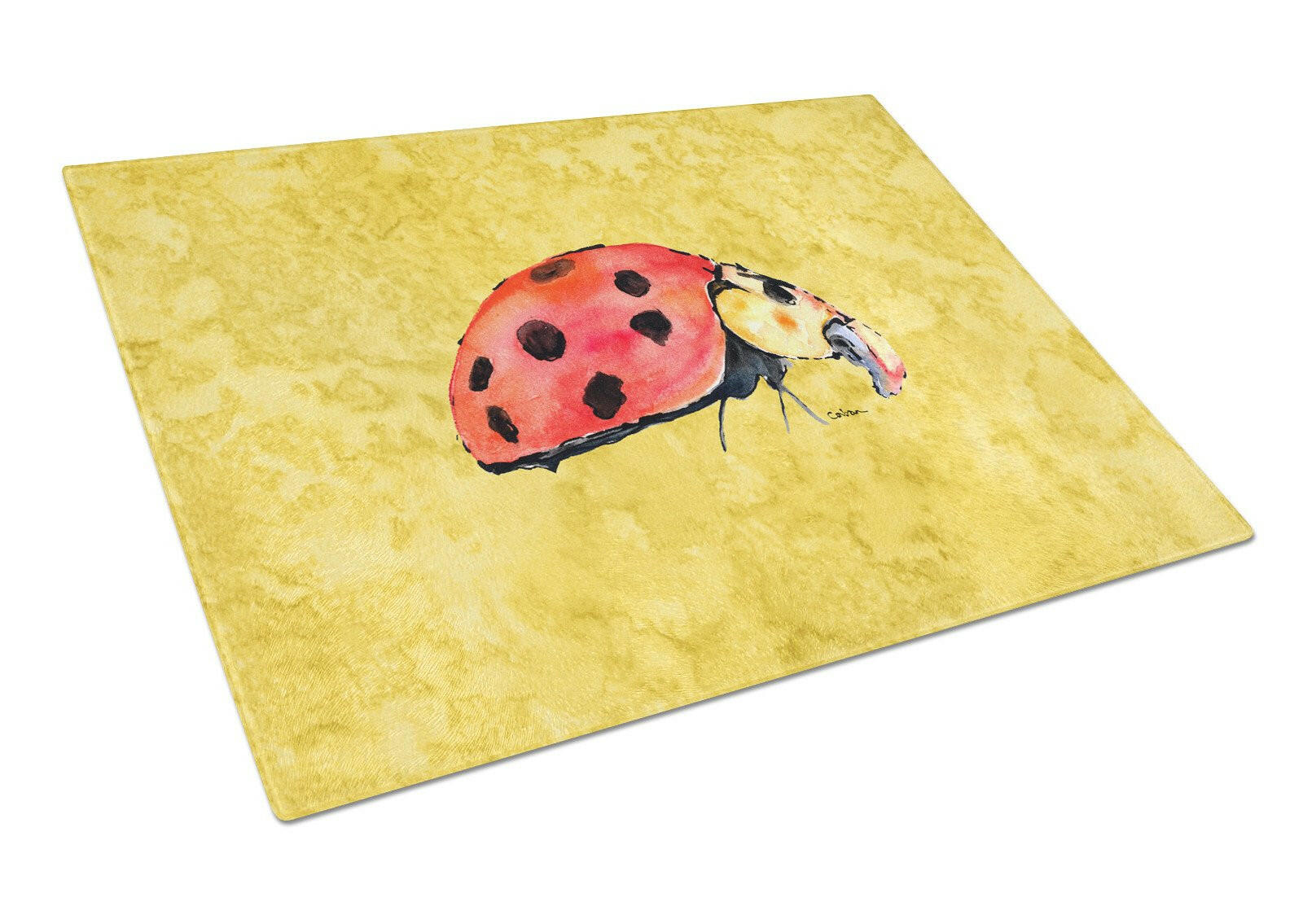Lady Bug on Yellow Cutting Board Tempered Glass Kitchen Cutting Surface, Heat Resistant Chopping, Non-Slip Feet, Food Prep & Serving
