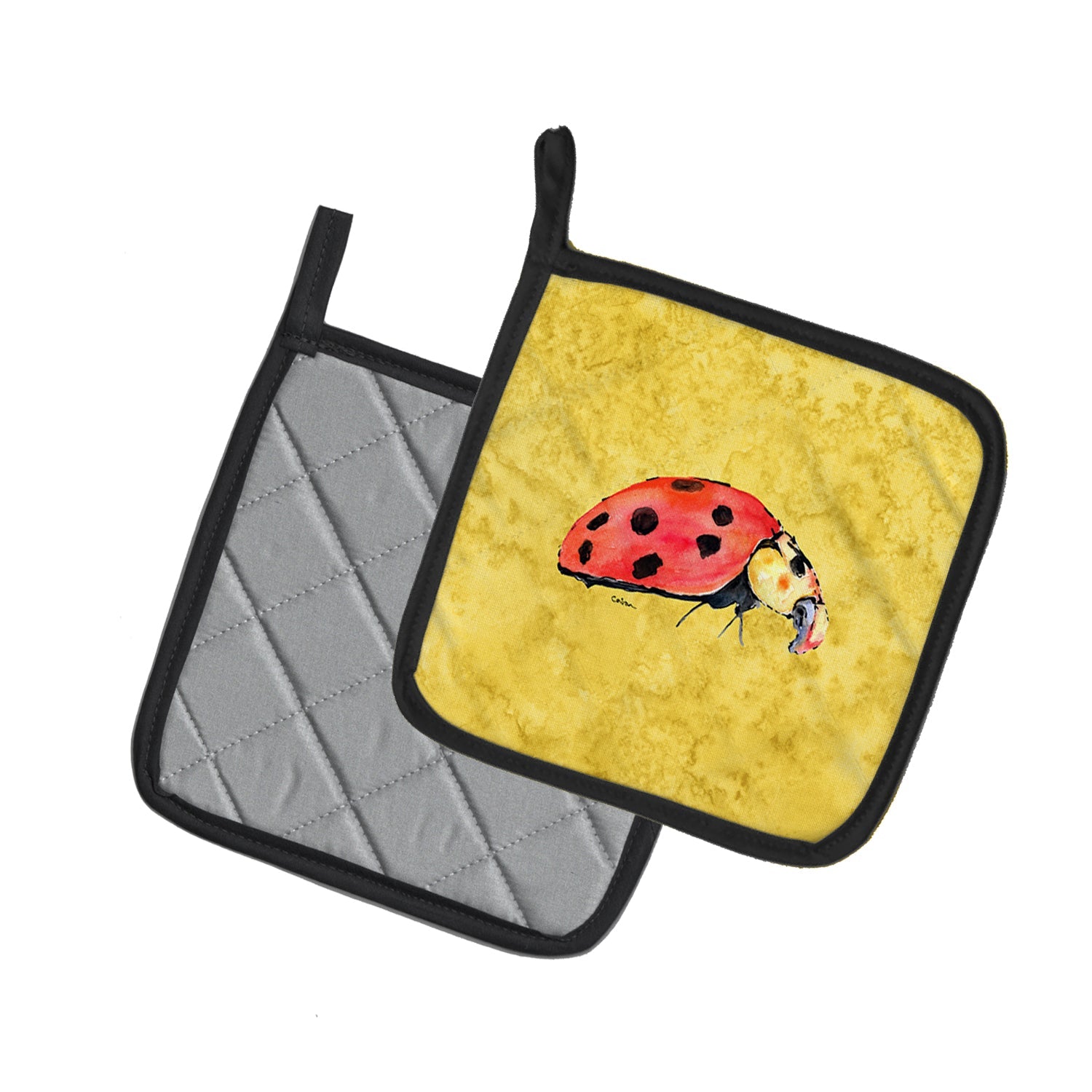 Lady Bug on Yellow Pot Holder Set of 2 Heat Resistant Quilted Hot Pads 7.5 x 7.5 Inch, Insulated Kitchen Trivets for Cooking & Baking