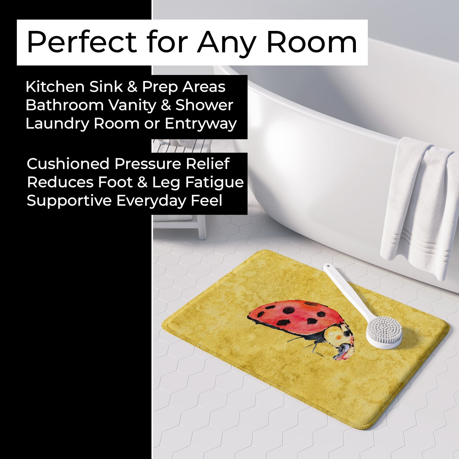 Lady Bug on Yellow Memory Foam Kitchen Mat Machine Washable Anti-Fatigue Cushion Comfort Bath or Kitchen Rug