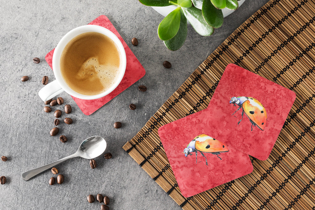Lady Bug on Red Foam Coasters Set of 4 Cup Coasters for Indoor Outdoor, Tabletop Protection, Anti Slip, Mouse pad Material
