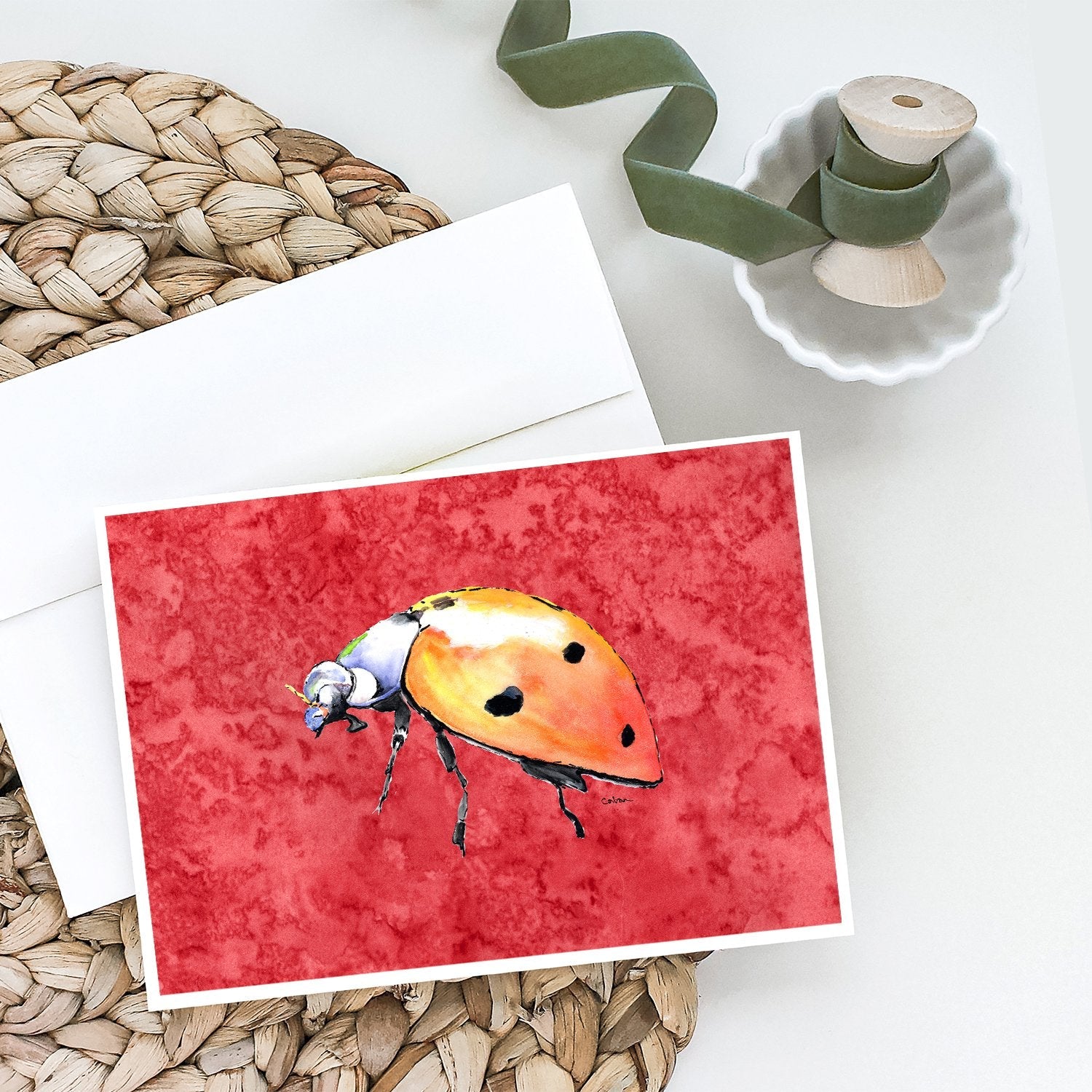 Lady Bug on Red Greeting Cards Pack of 8 Blank Cards with Envelopes Whimsical A7 Size 5x7