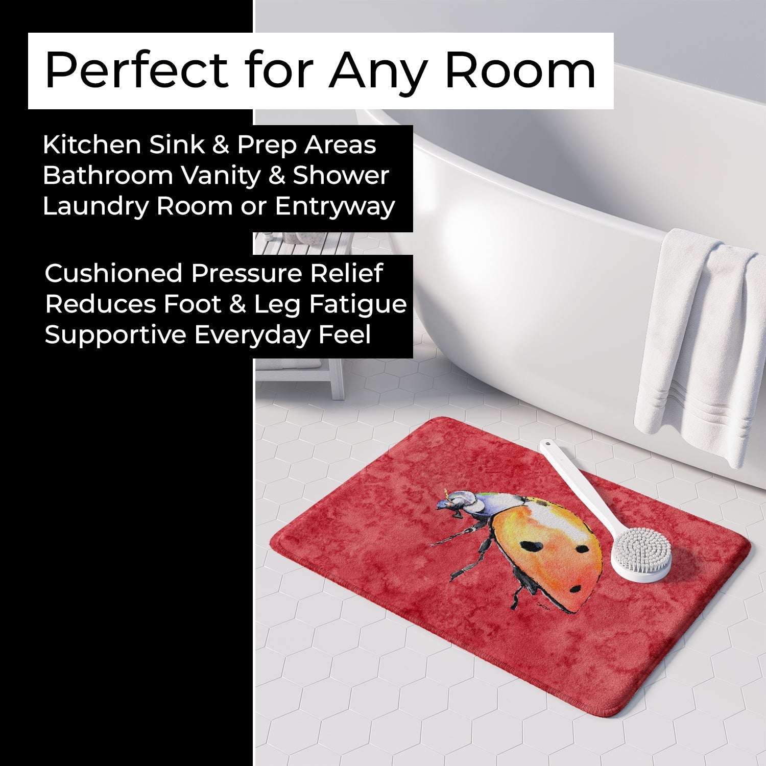 Lady Bug on Red Memory Foam Kitchen Mat Machine Washable Anti-Fatigue Cushion Comfort Bath or Kitchen Rug