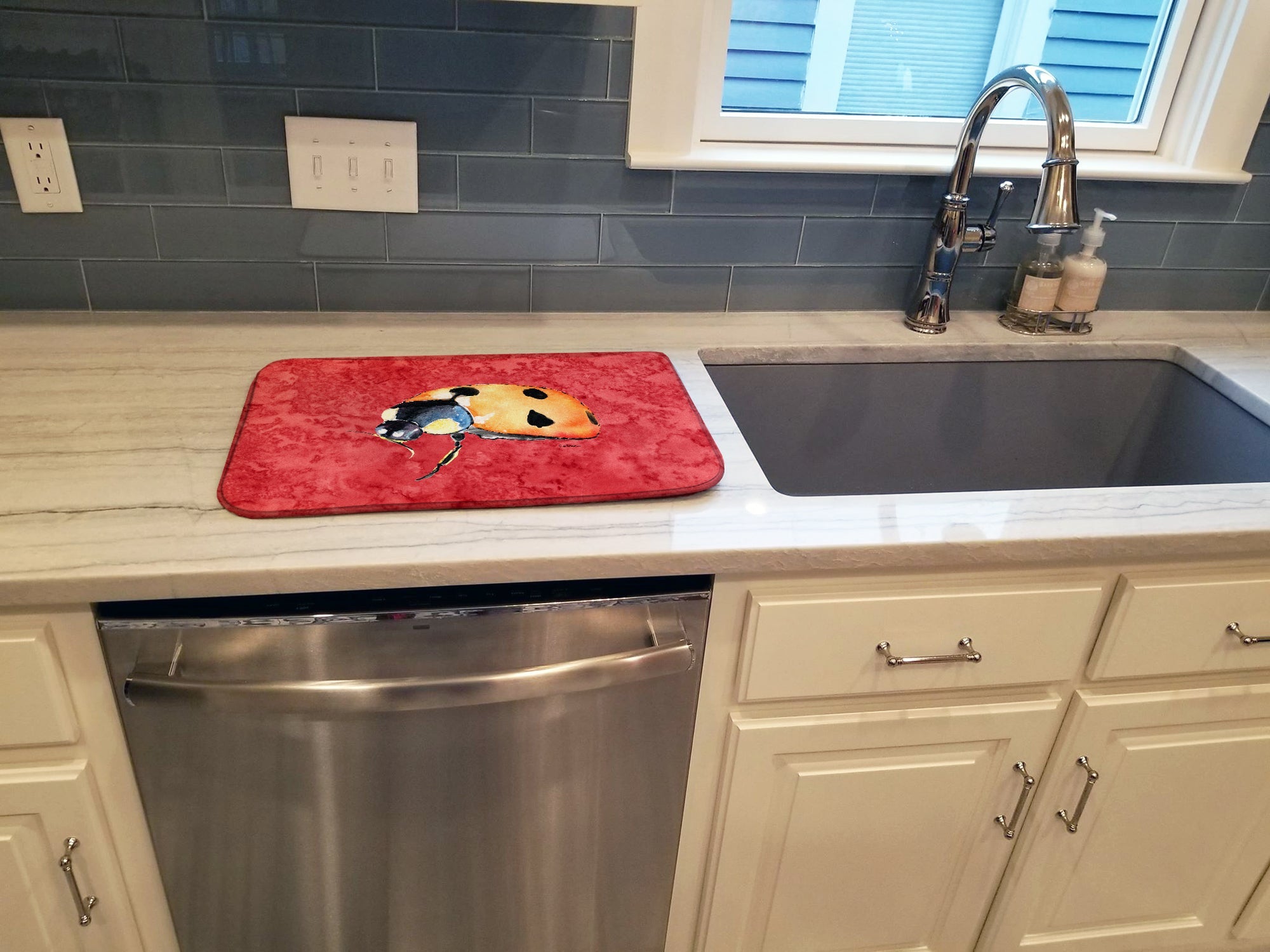 Lady Bug on Red Dish Drying Mat Absorbent Dish Drying Mat Pad for Kitchen Counter Dish Drainer Mat for Countertop, 14 x 21", Multicolor