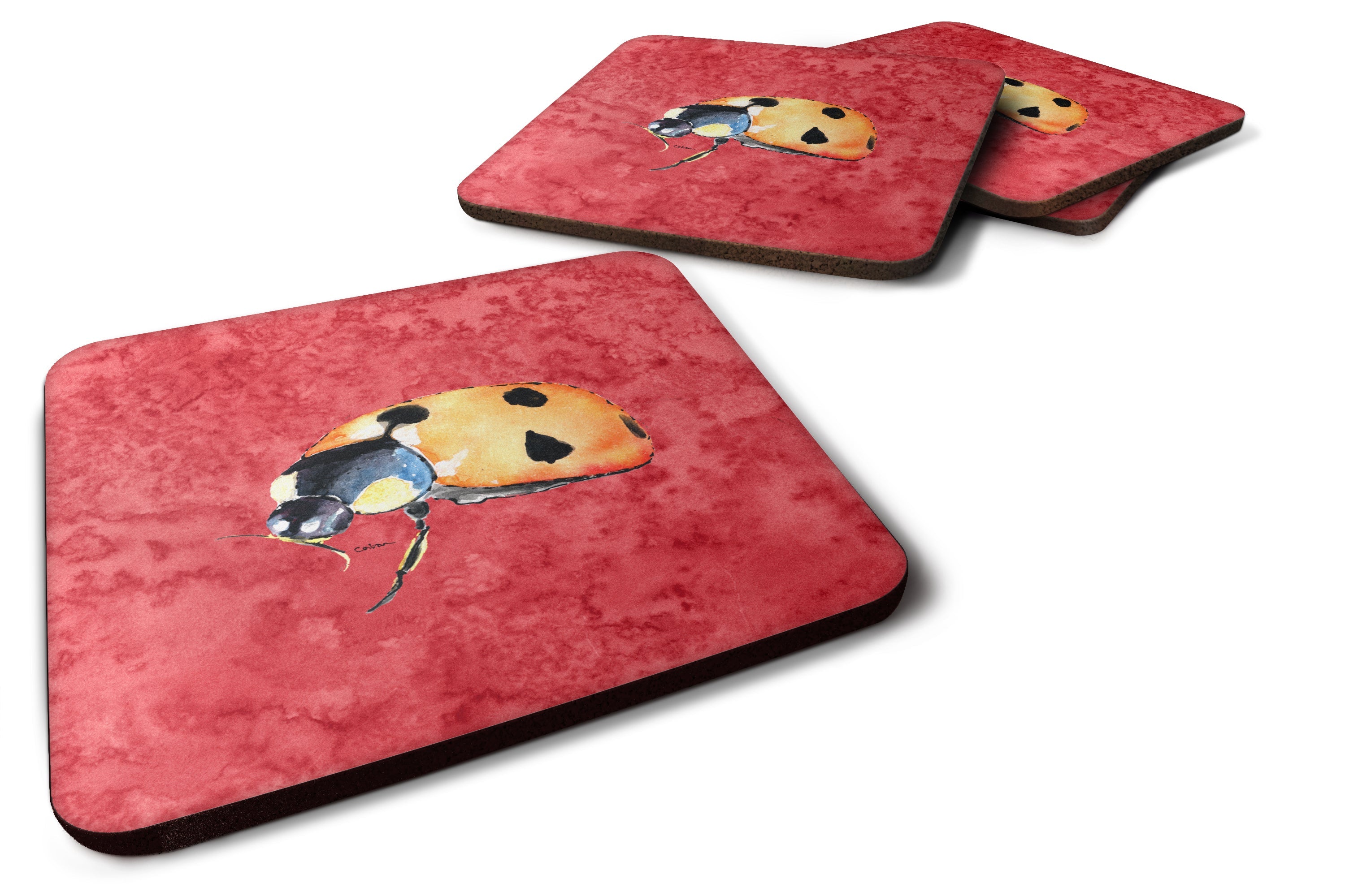 Lady Bug on Red Foam Coasters Set of 4 Cup Coasters for Indoor Outdoor, Tabletop Protection, Anti Slip, Mouse pad Material