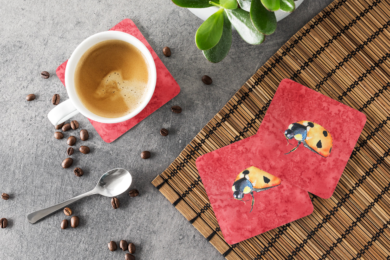 Lady Bug on Red Foam Coasters Set of 4 Cup Coasters for Indoor Outdoor, Tabletop Protection, Anti Slip, Mouse pad Material