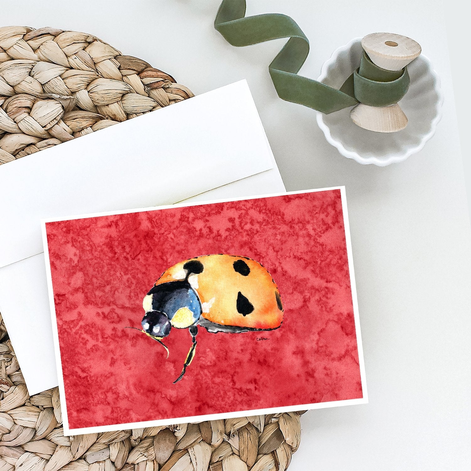 Lady Bug on Red Greeting Cards Pack of 8 Blank Cards with Envelopes Whimsical A7 Size 5x7
