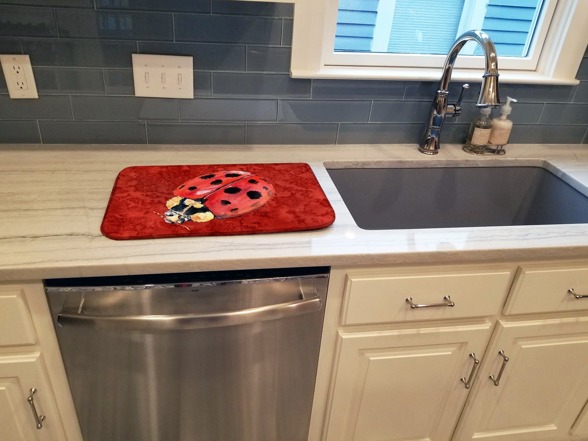 Lady Bug on Deep Red Dish Drying Mat Absorbent Dish Drying Mat Pad for Kitchen Counter Dish Drainer Mat for Countertop, 14 x 21", Multicolor