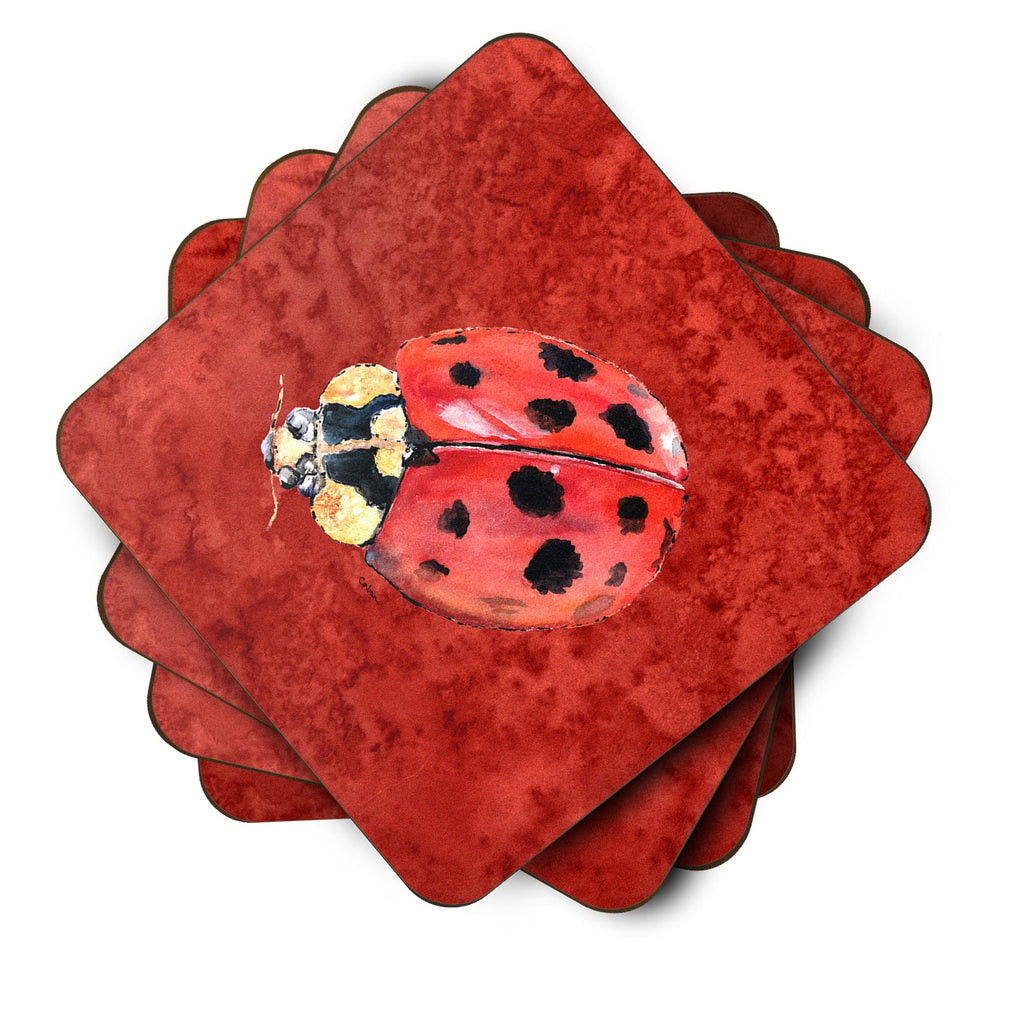 Lady Bug on Deep Red Foam Coasters Set of 4 Cup Coasters for Indoor Outdoor, Tabletop Protection, Anti Slip, Mouse pad Material