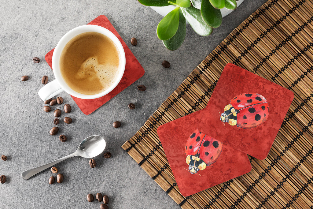 Lady Bug on Deep Red Foam Coasters Set of 4 Cup Coasters for Indoor Outdoor, Tabletop Protection, Anti Slip, Mouse pad Material