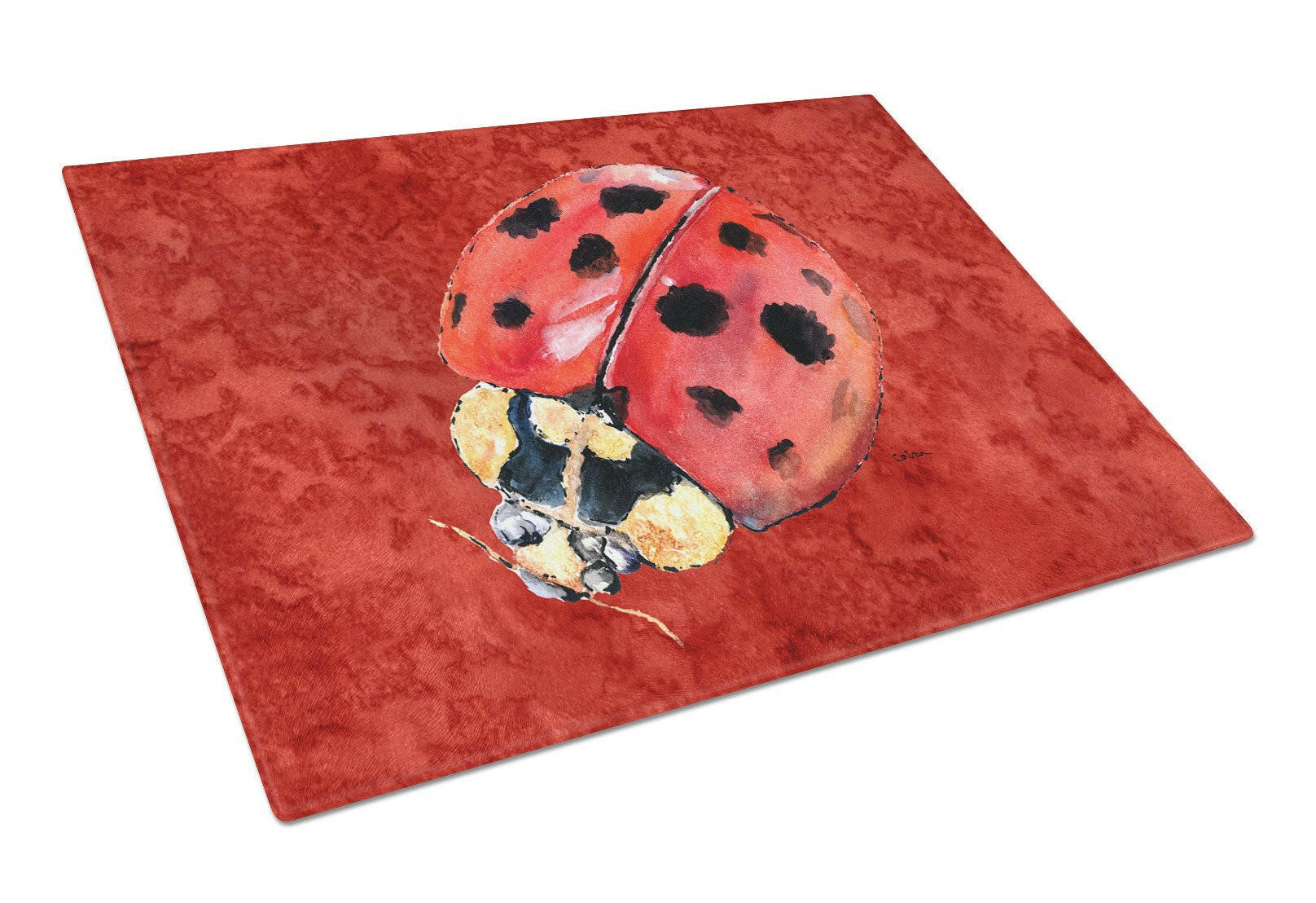 Lady Bug on Deep Red Cutting Board Tempered Glass Kitchen Cutting Surface, Heat Resistant Chopping, Non-Slip Feet, Food Prep & Serving