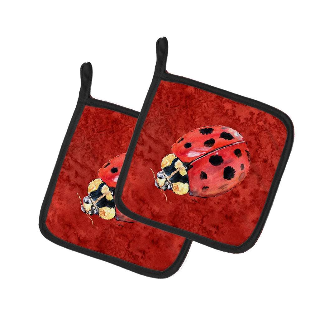 Lady Bug on Deep Red Pot Holder Set of 2 Heat Resistant Quilted Hot Pads 7.5 x 7.5 Inch, Insulated Kitchen Trivets for Cooking & Baking